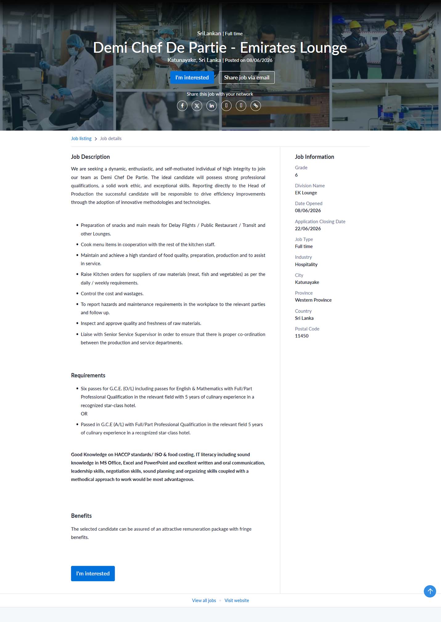Demi Chef De Partie (Emirates Lounge) - SriLankan Catering
