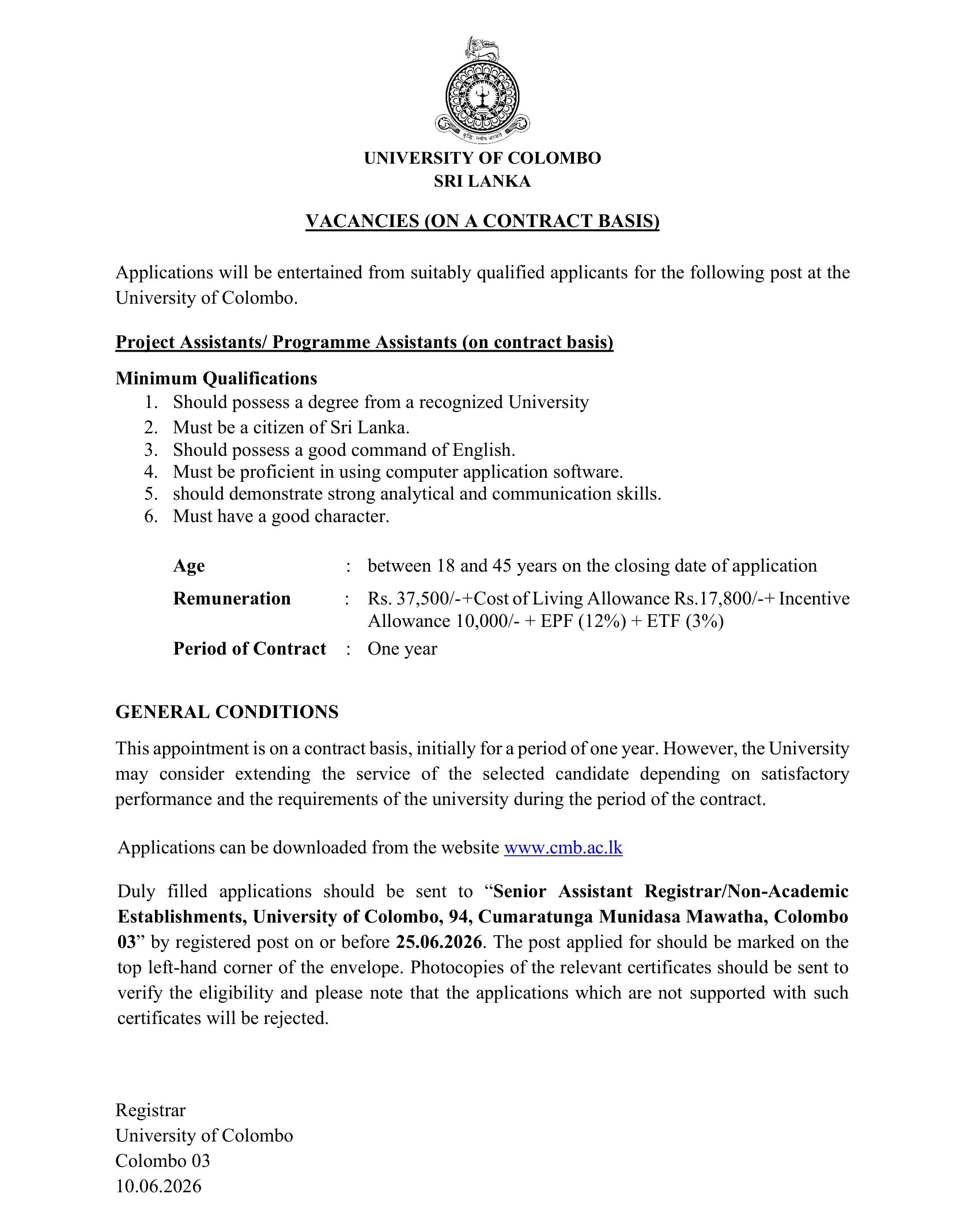 Project Assistant, Programme Assistant - University of Colombo
