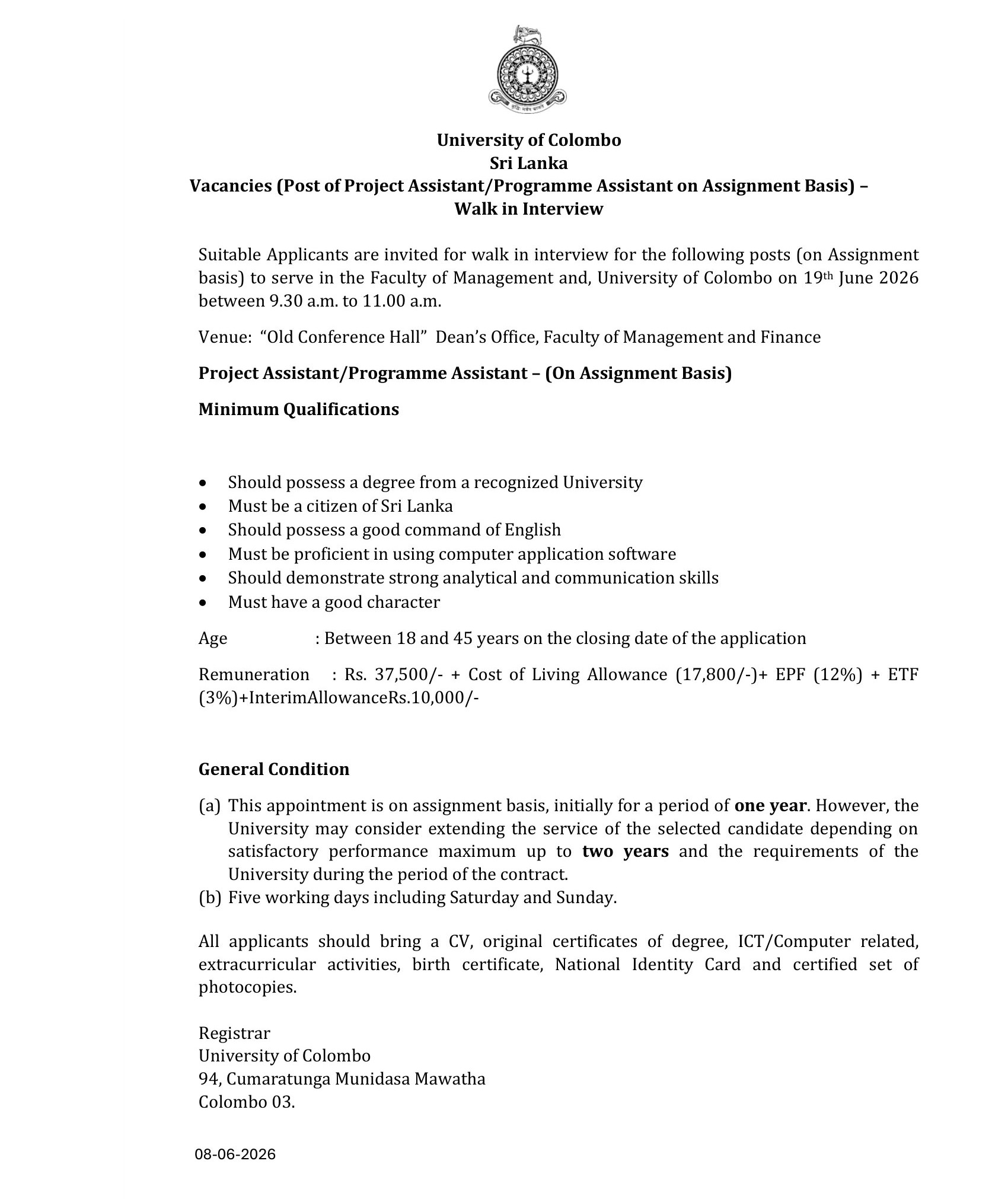 Project Assistant, Programme Assistant - University of Colombo