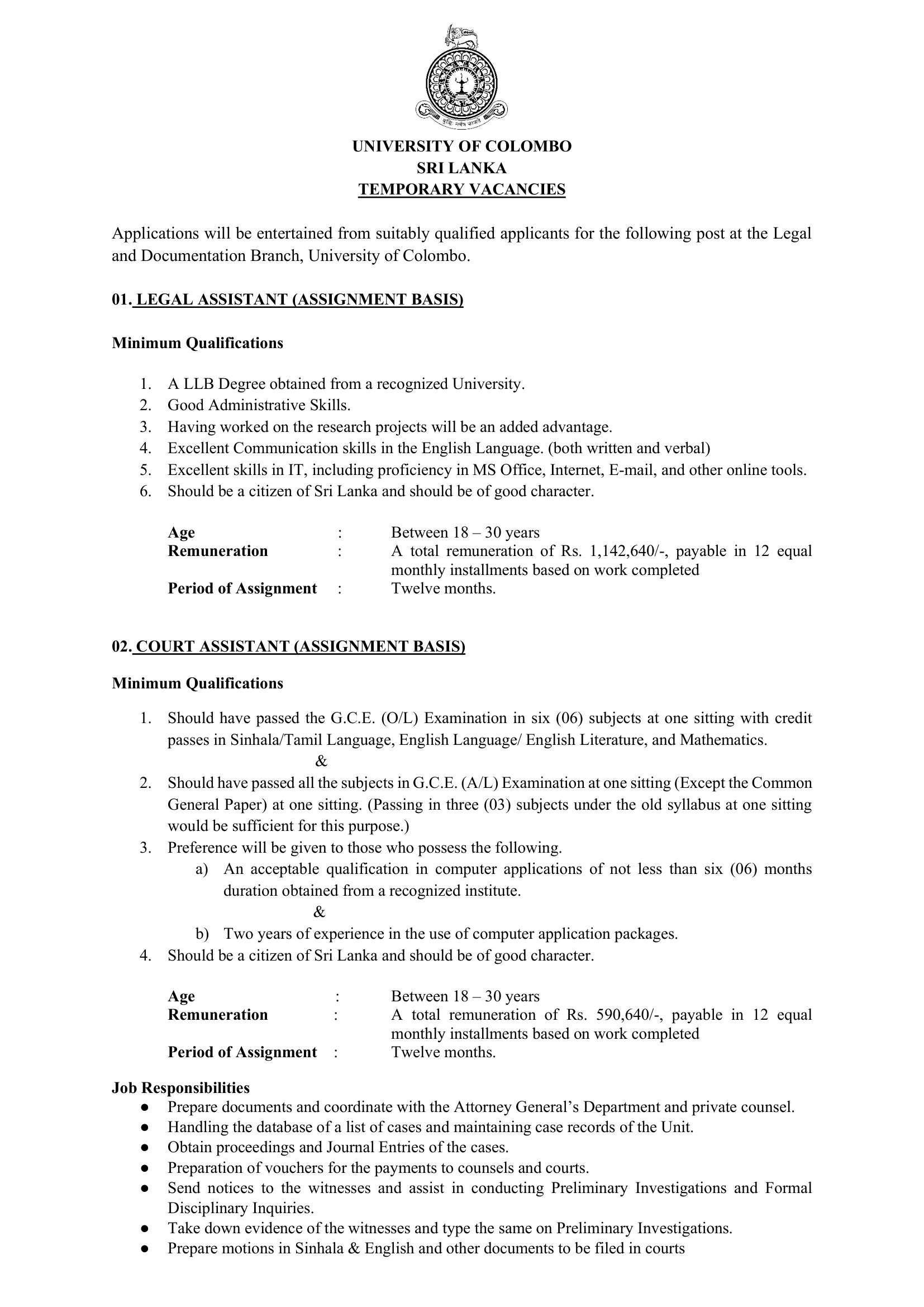 Legal Assistant - University of Colombo
