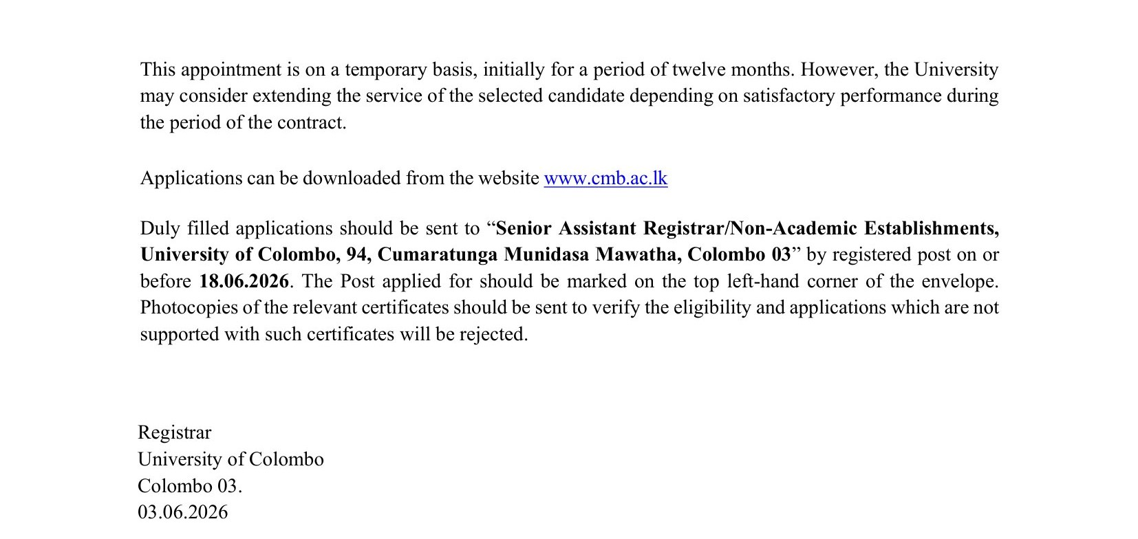 Legal Assistant - University of Colombo