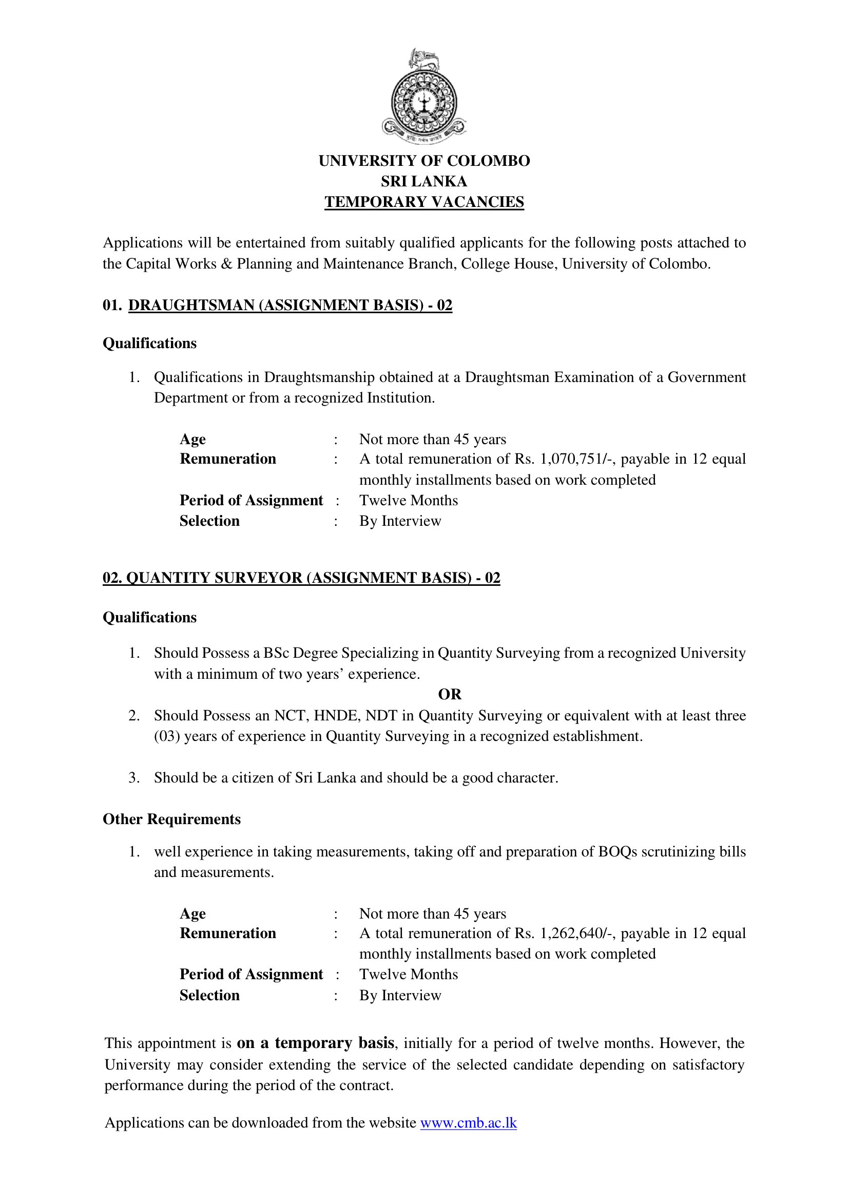 Draughtsman, Quantity Surveyor - University Of Colombo