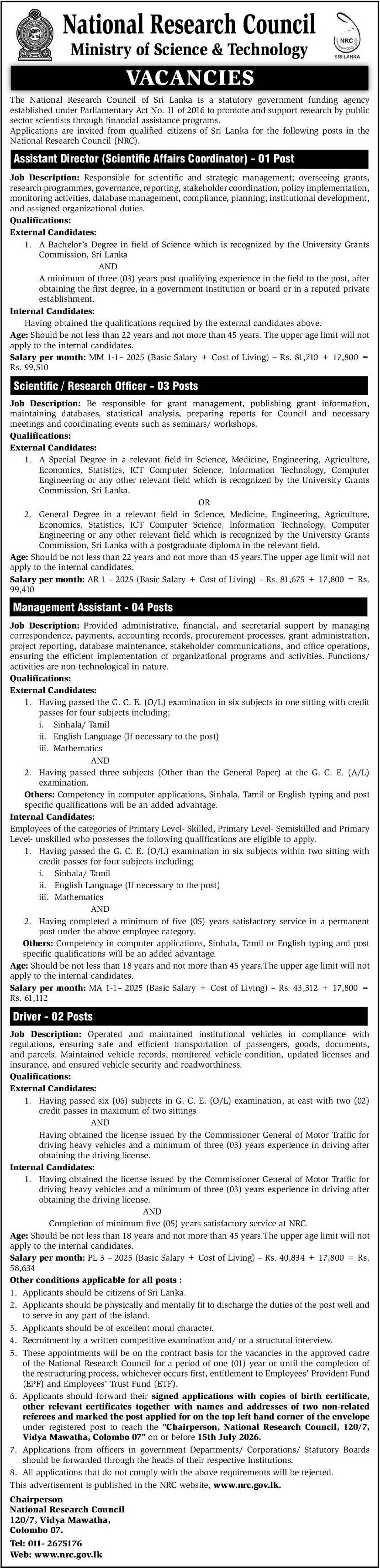 Management Assistant, Assistant Director (Scientific Affairs Coordinator), Scientific/Research Officer, Driver - National Research Council