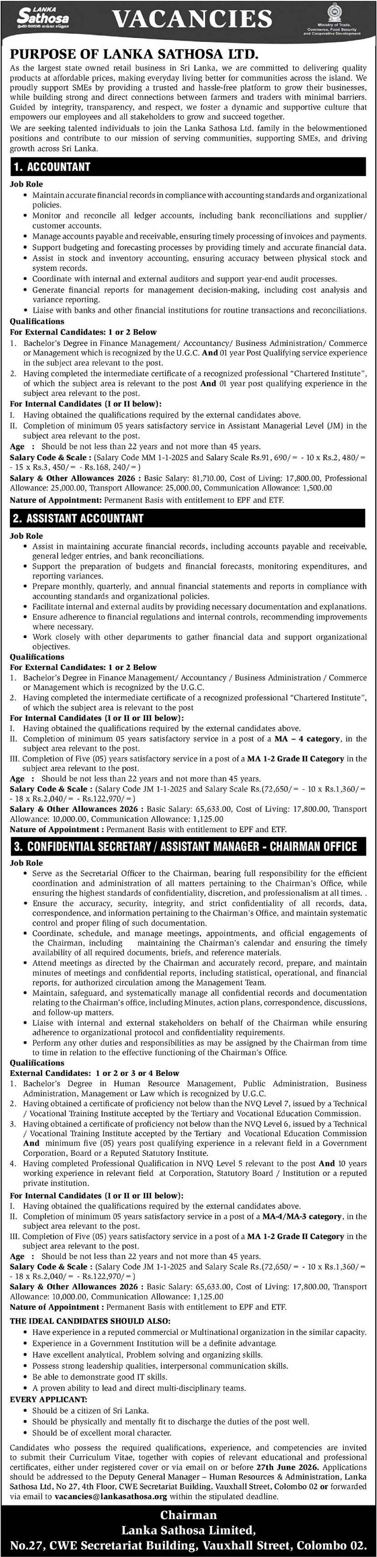 Accountant, Assistant Accountant, Confidential Secretary/Assistant Manager - Lanka Sathosa Limited