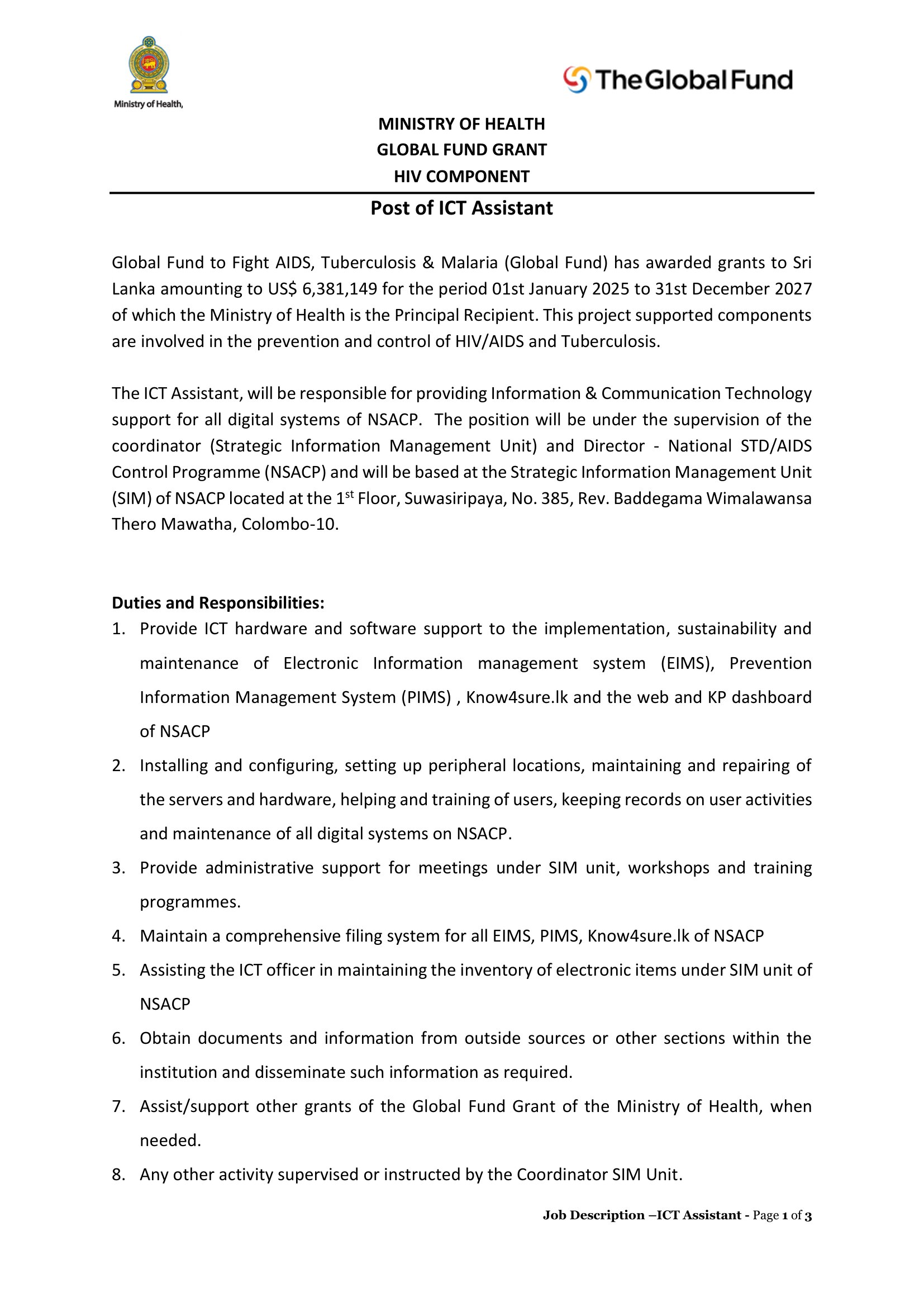 ICT Assistant, Office Assistant - Ministry of Health & Mass Media