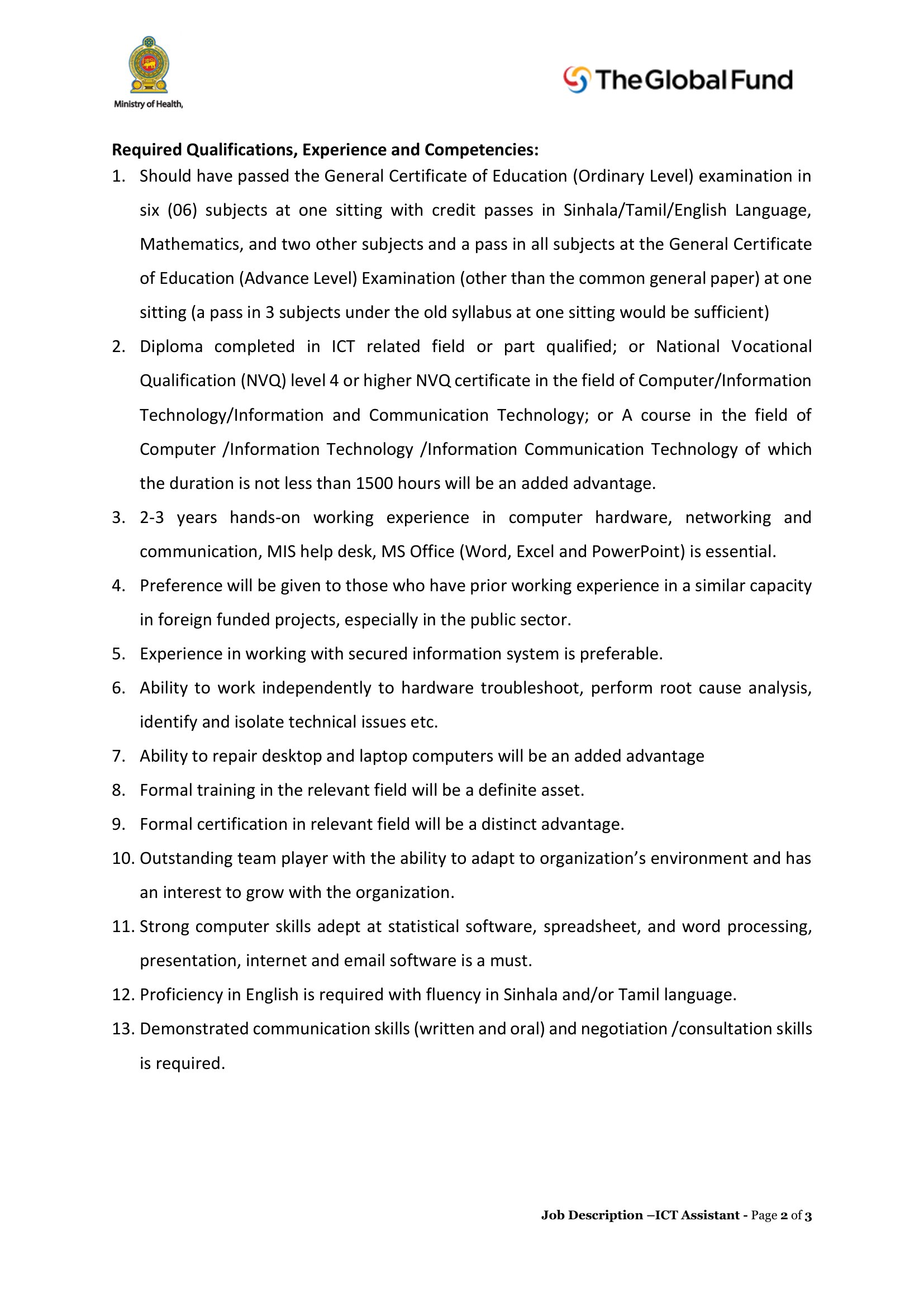 ICT Assistant, Office Assistant - Ministry of Health & Mass Media