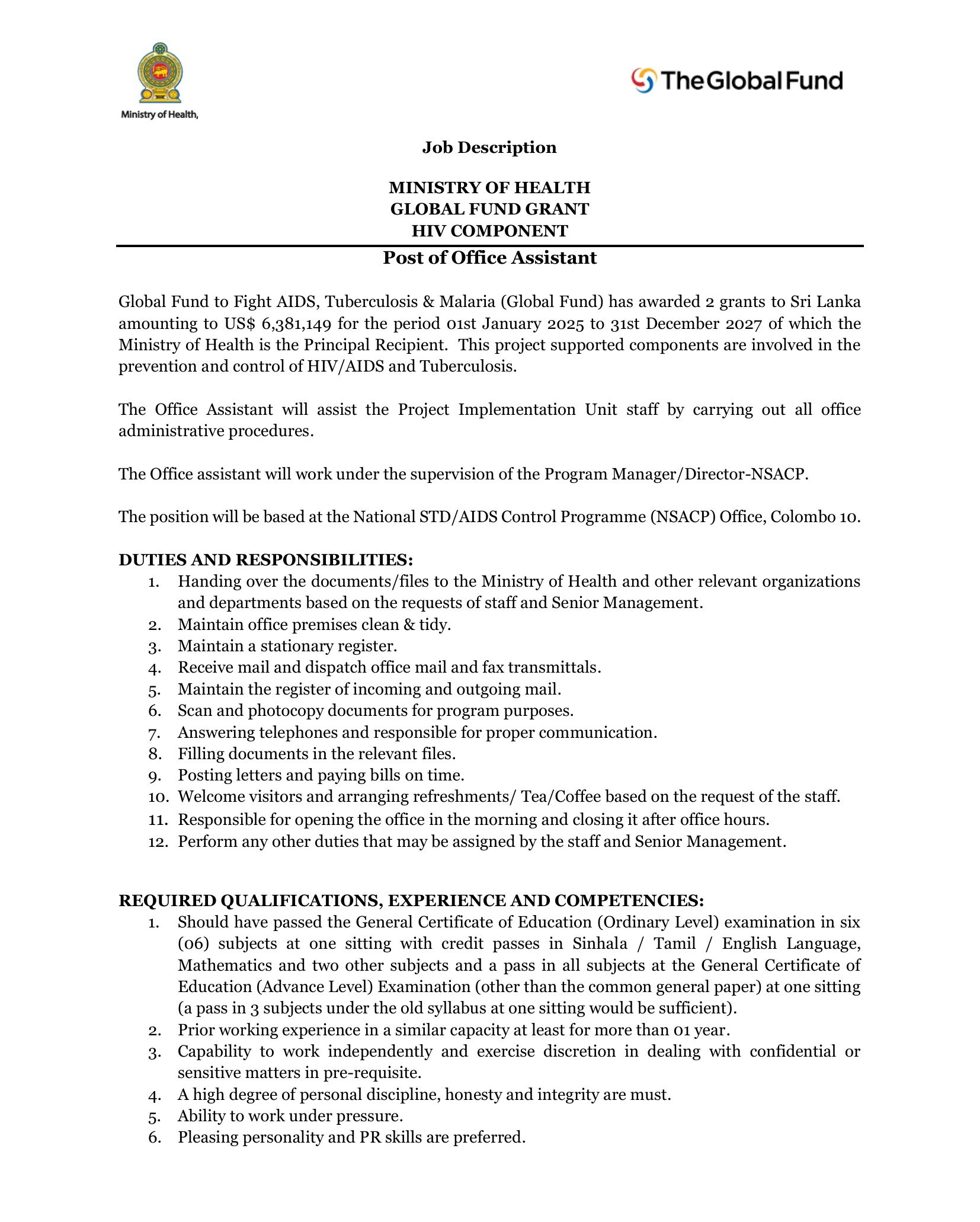 ICT Assistant, Office Assistant - Ministry of Health & Mass Media