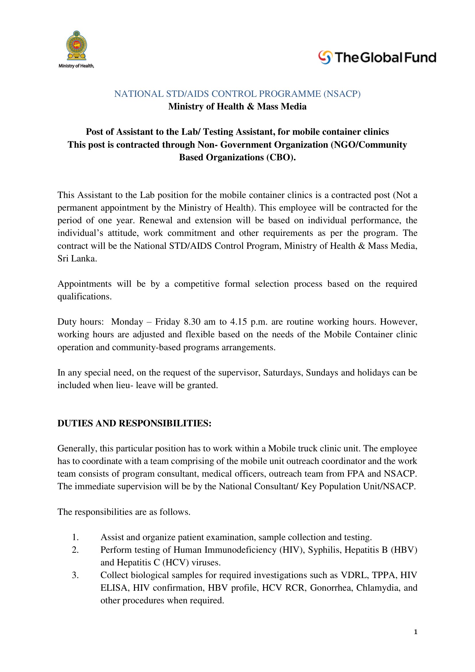 Assistant to the Lab/ Testing Assistant - Ministry of Health & Mass Media