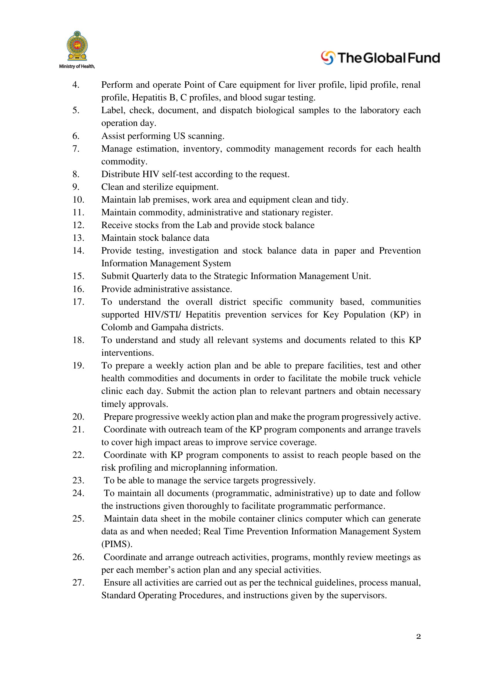 Assistant to the Lab/ Testing Assistant - Ministry of Health & Mass Media