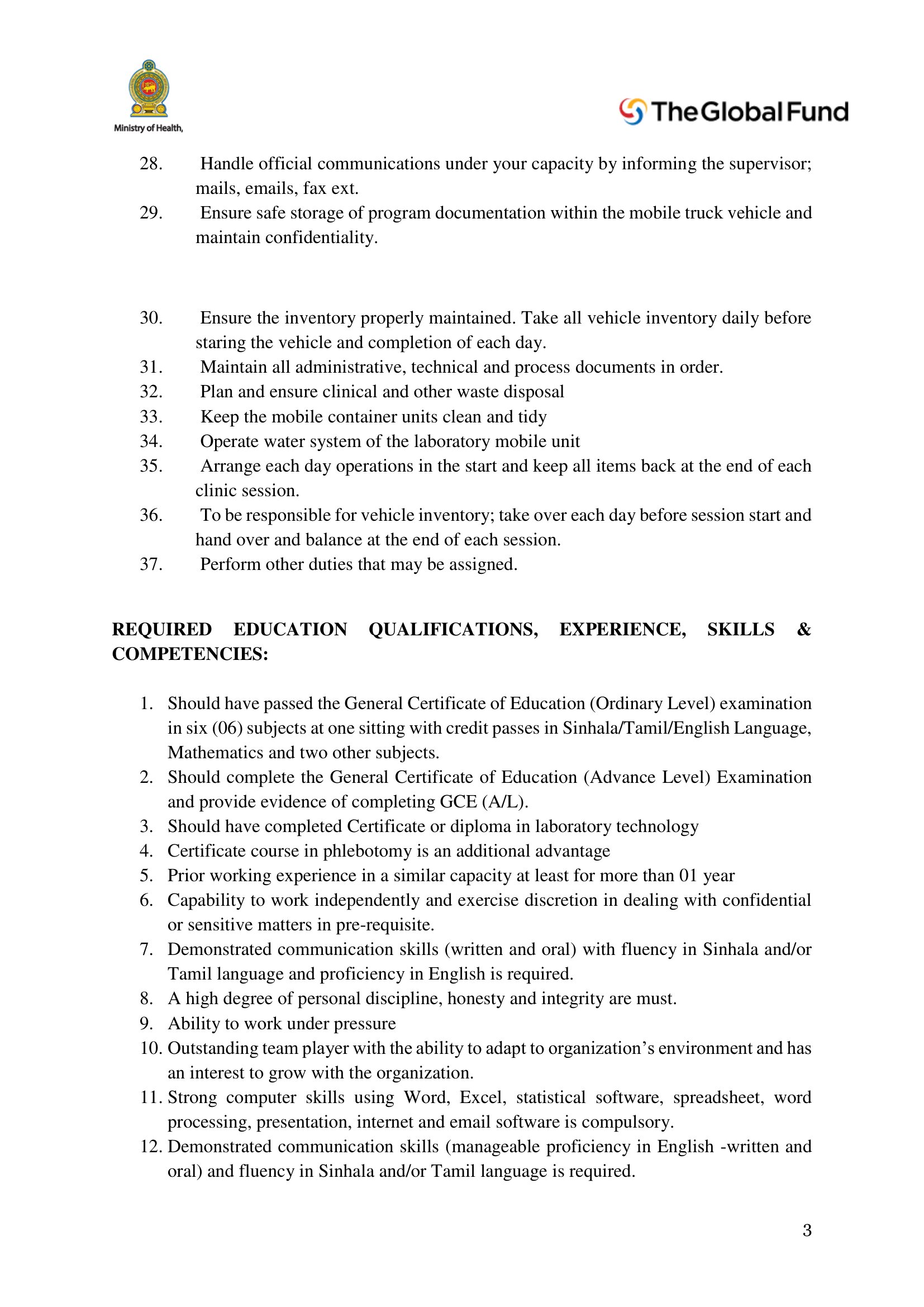 Assistant to the Lab/ Testing Assistant - Ministry of Health & Mass Media
