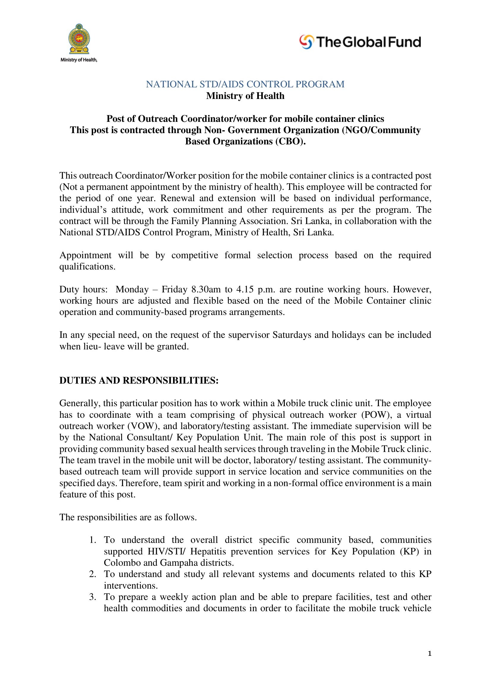 Outreach Coordinator/Worker - Ministry of Health & Mass Media
