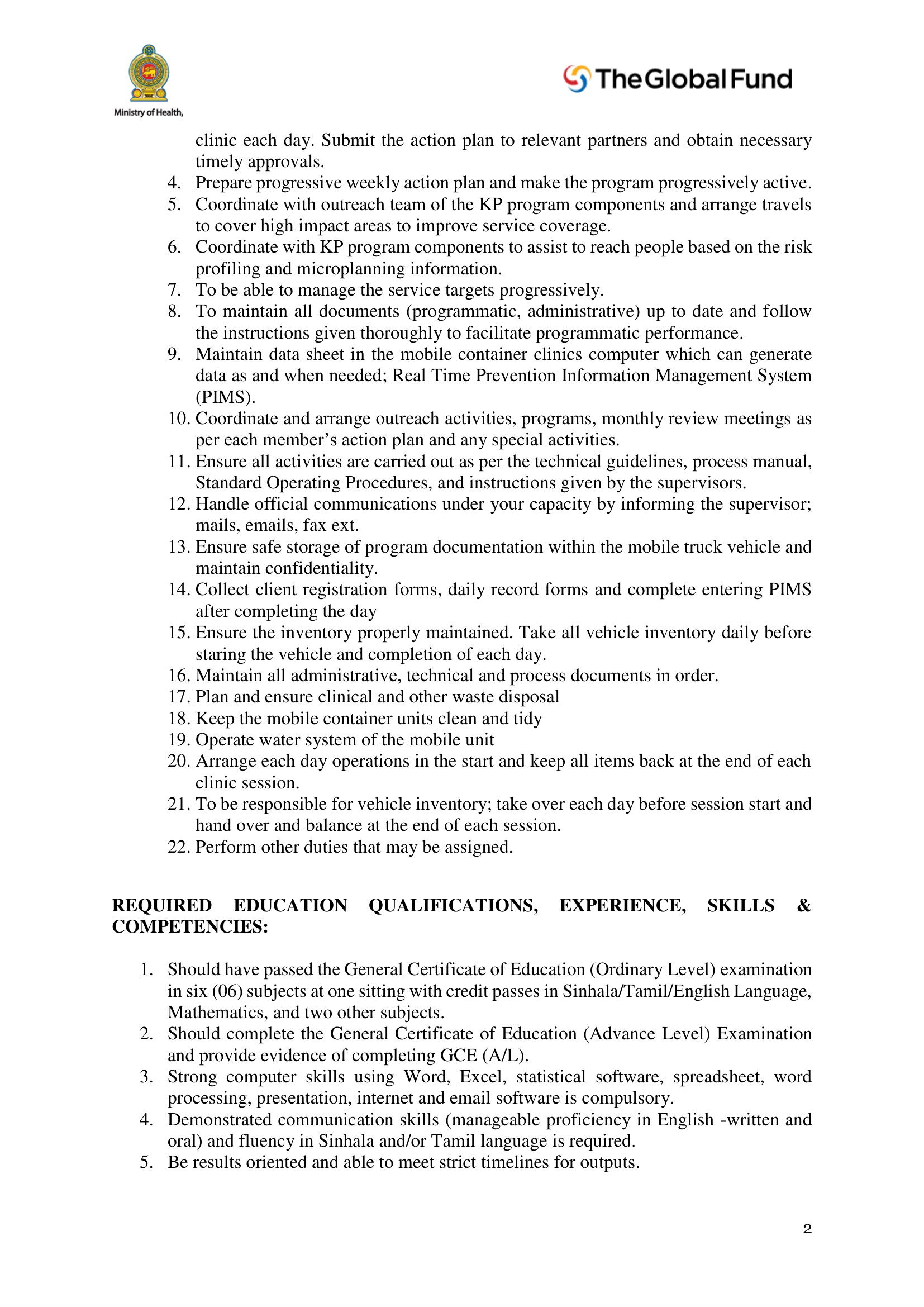 Outreach Coordinator/Worker - Ministry of Health & Mass Media