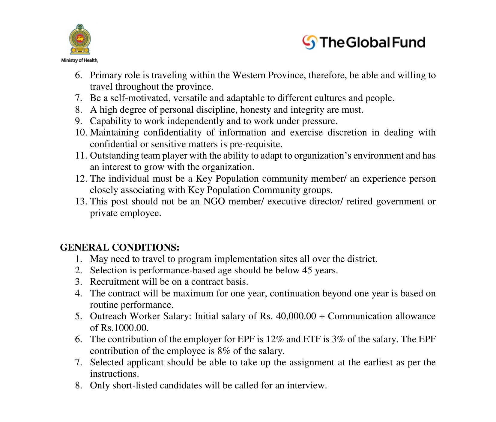 Outreach Coordinator/Worker - Ministry of Health & Mass Media