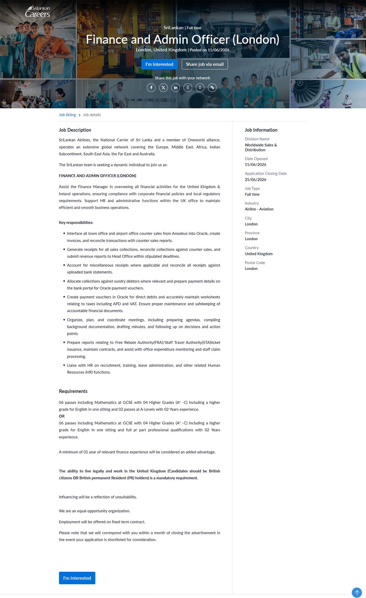 Finance & Admin Officer (London) - SriLankan Airlines Limited