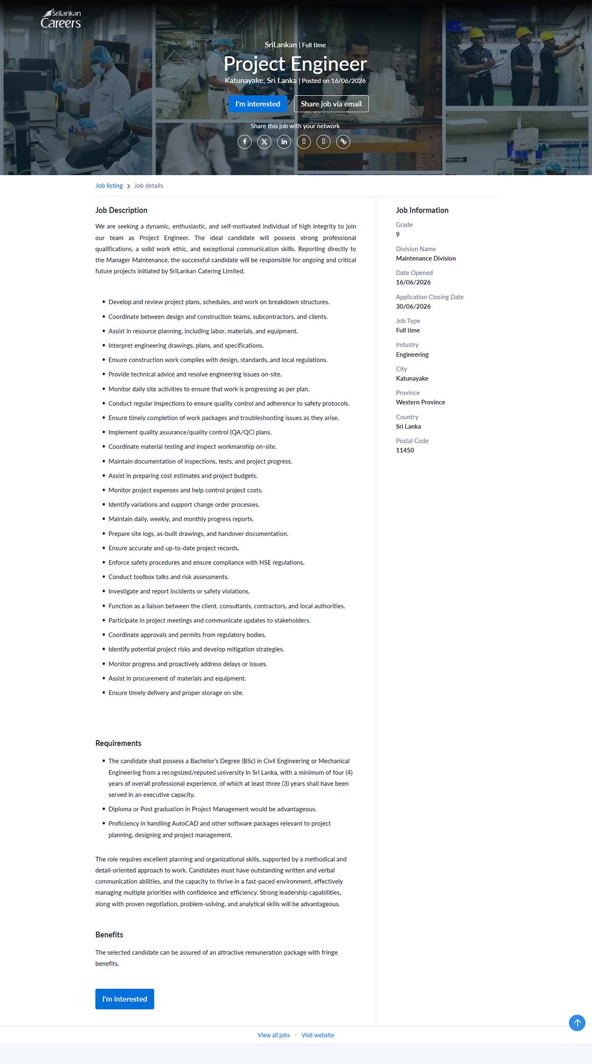 Project Engineer - SriLankan Catering