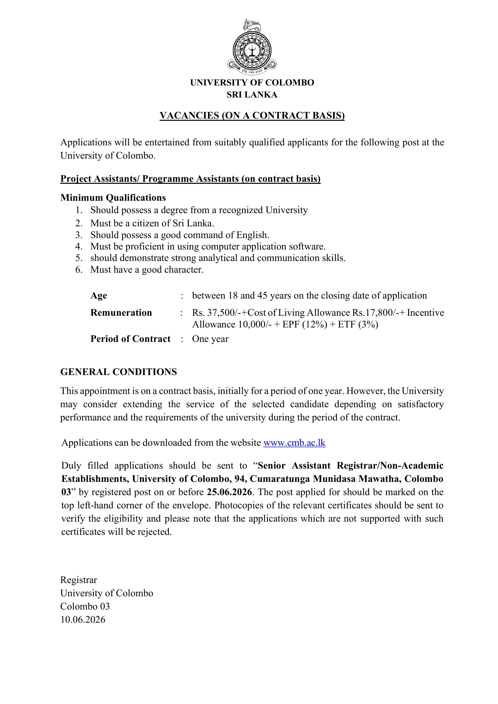 Project Assistant, Programme Assistant - University of Colombo