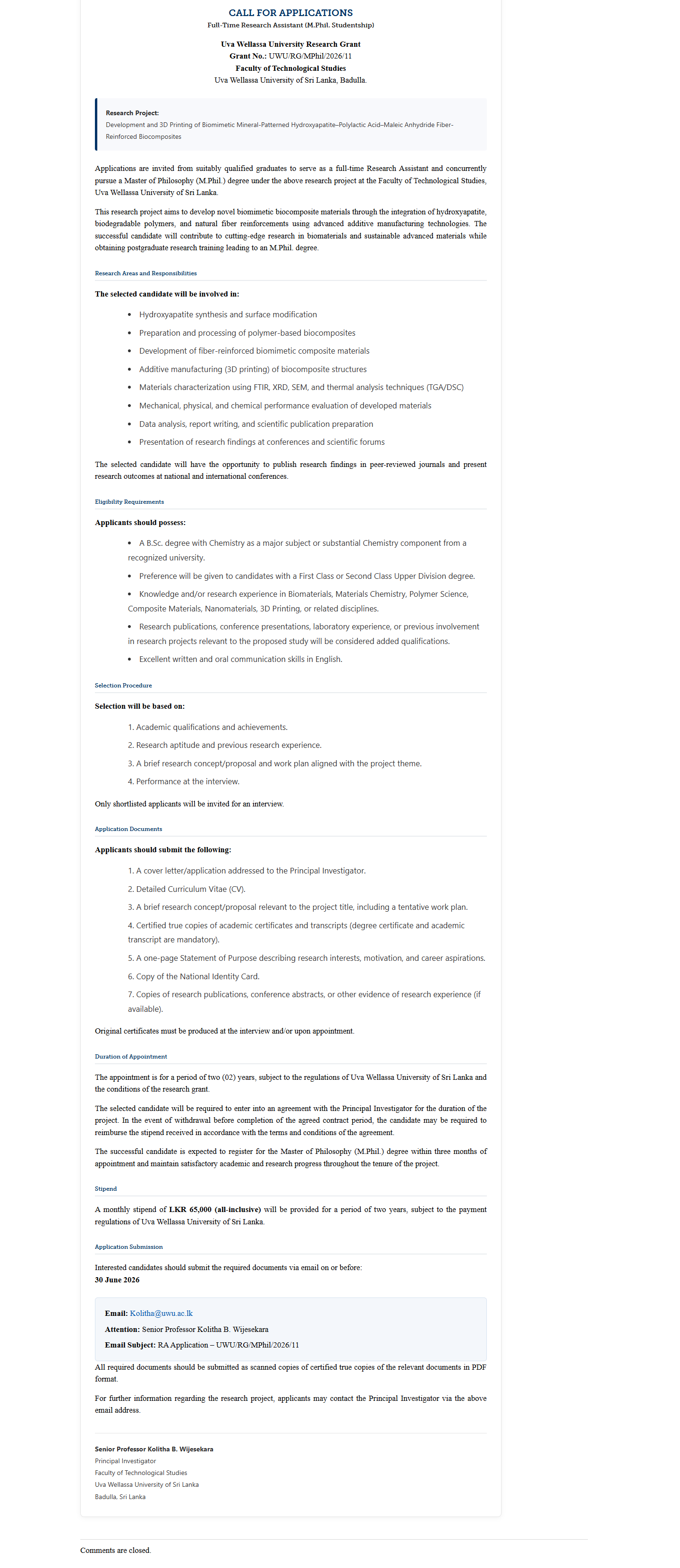 Research Assistant - Uva Wellassa University