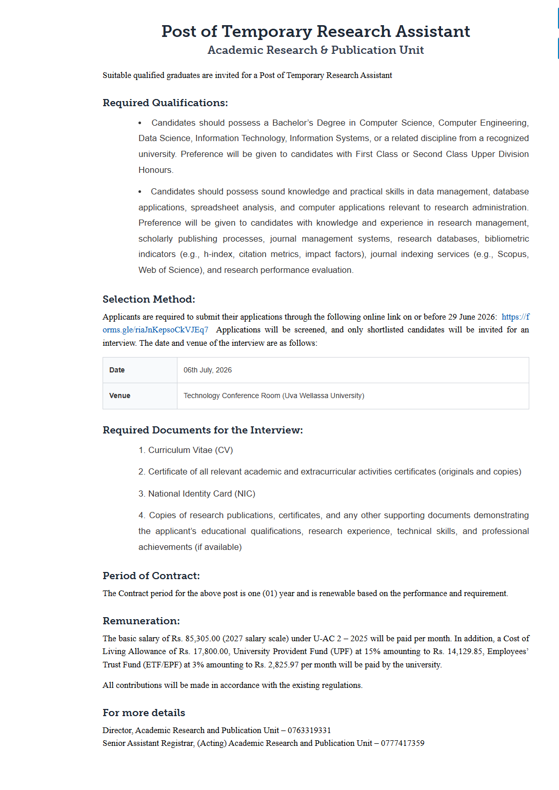 Temporary Research Assistant - Uva Wellassa University