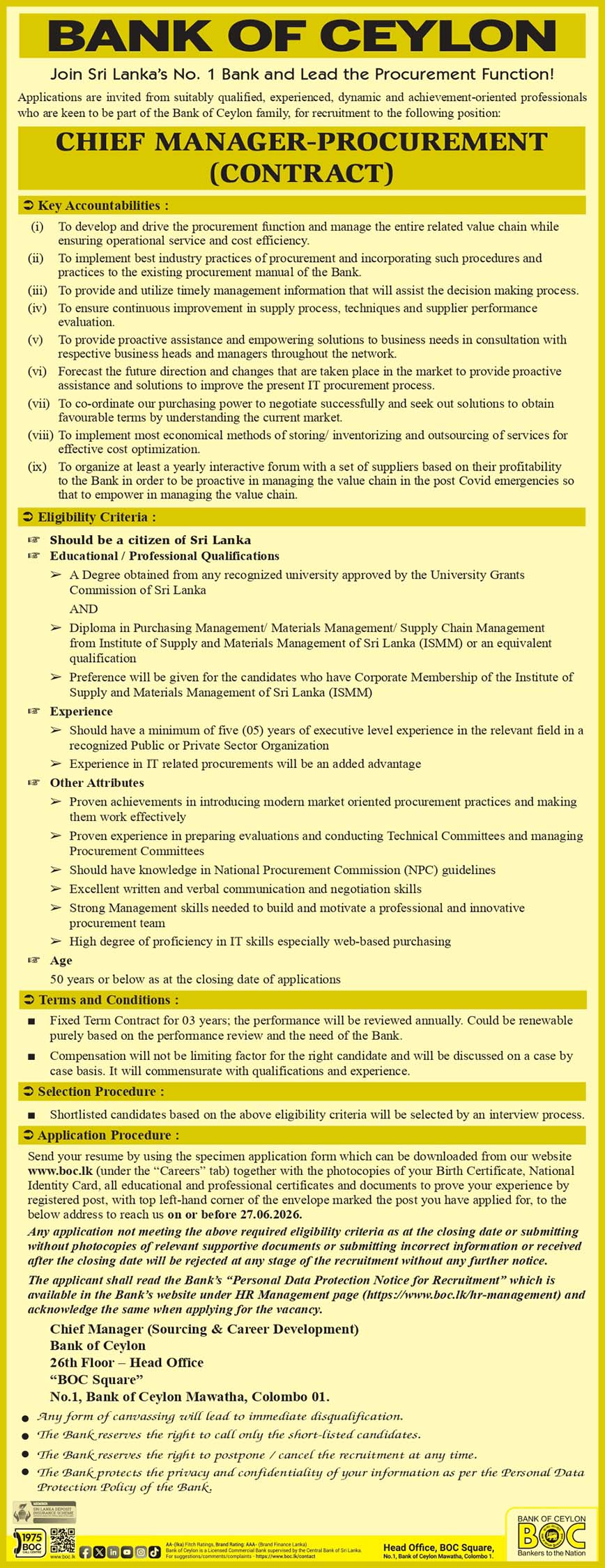 Chief Manager (Procurement) - Bank of Ceylon