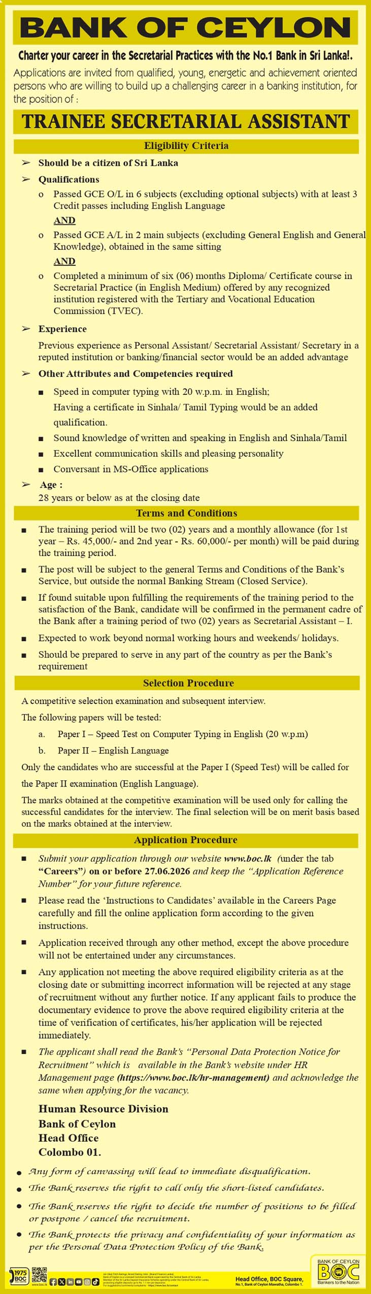Trainee Secretarial Assistant - Bank of Ceylon