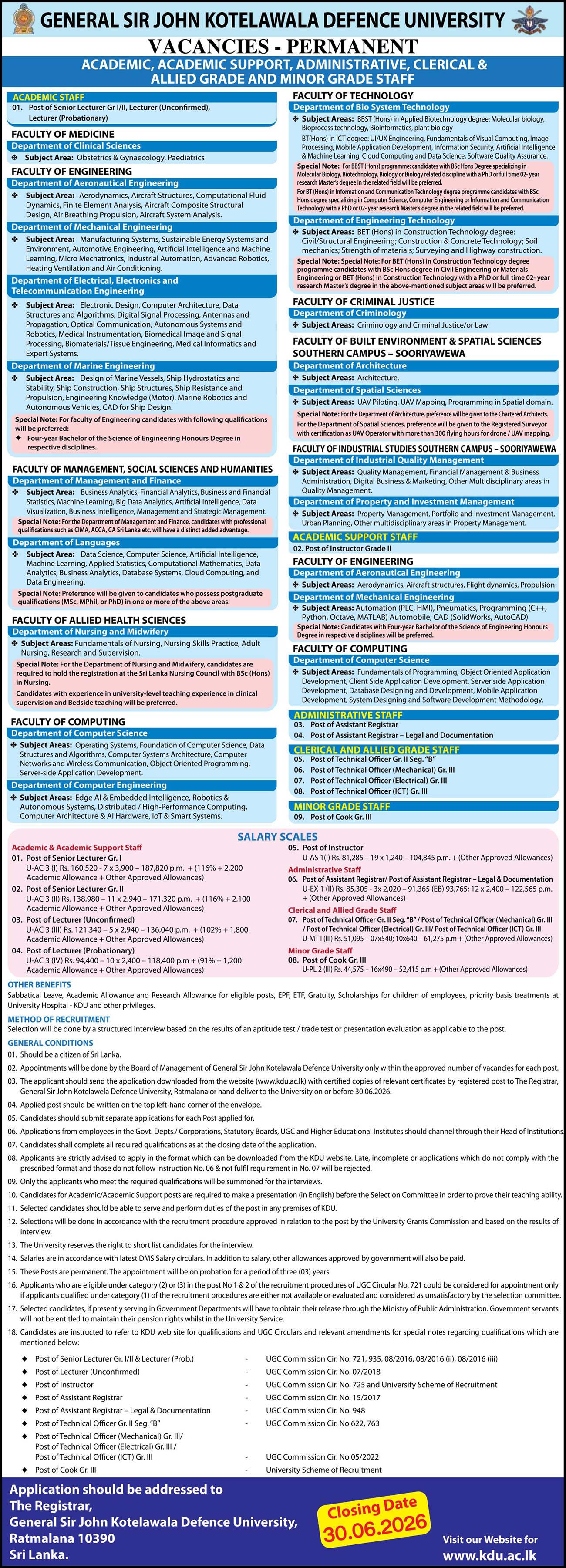 Senior Lecturer, Lecturer, Instructor, Assistant Registrar, Technical Officer, Cook - General Sir John Kotelawala Defence University