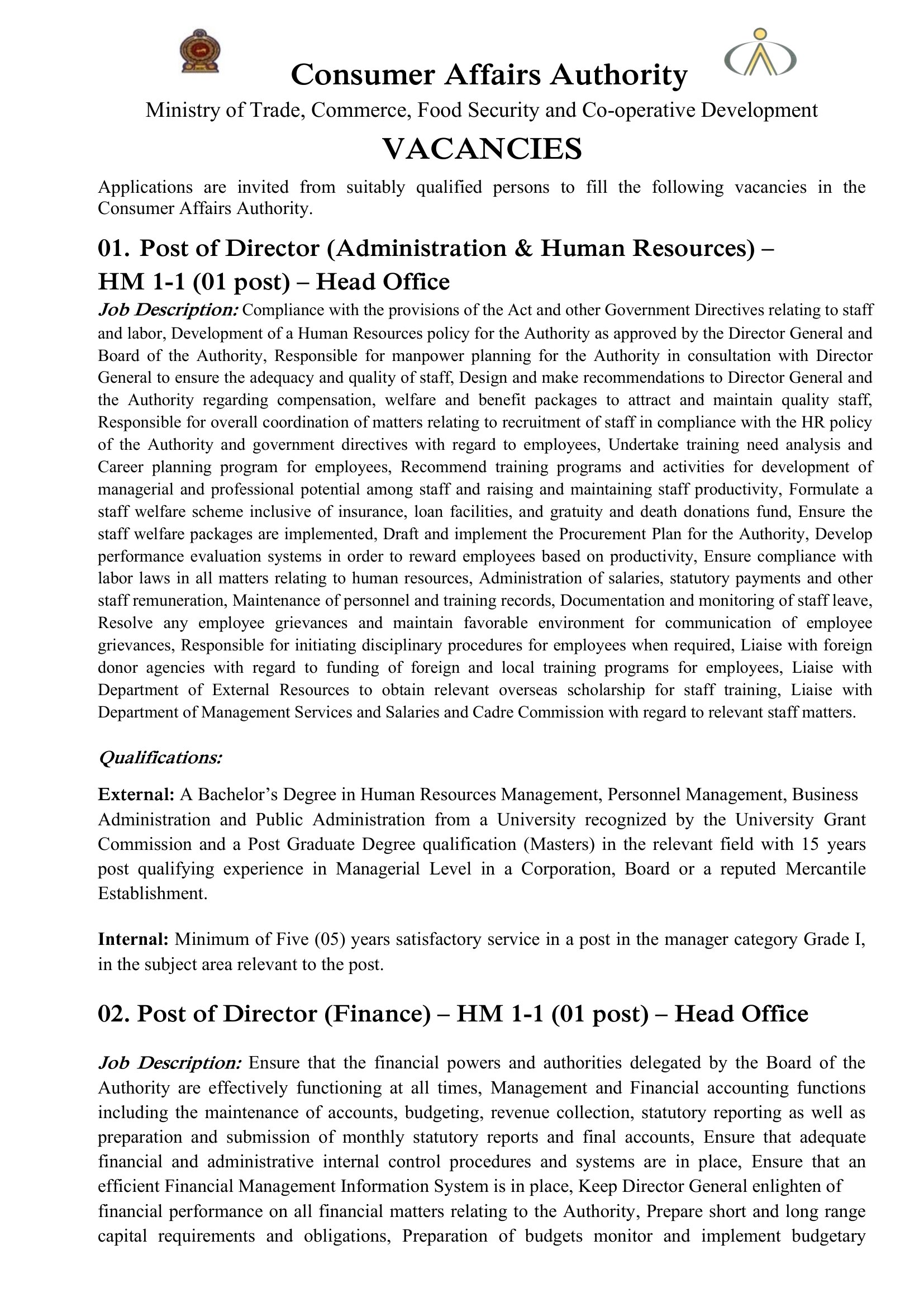 Director, Confidential Secretary, Assistant/Deputy Director, Media Officer - Consumer Affairs Authority