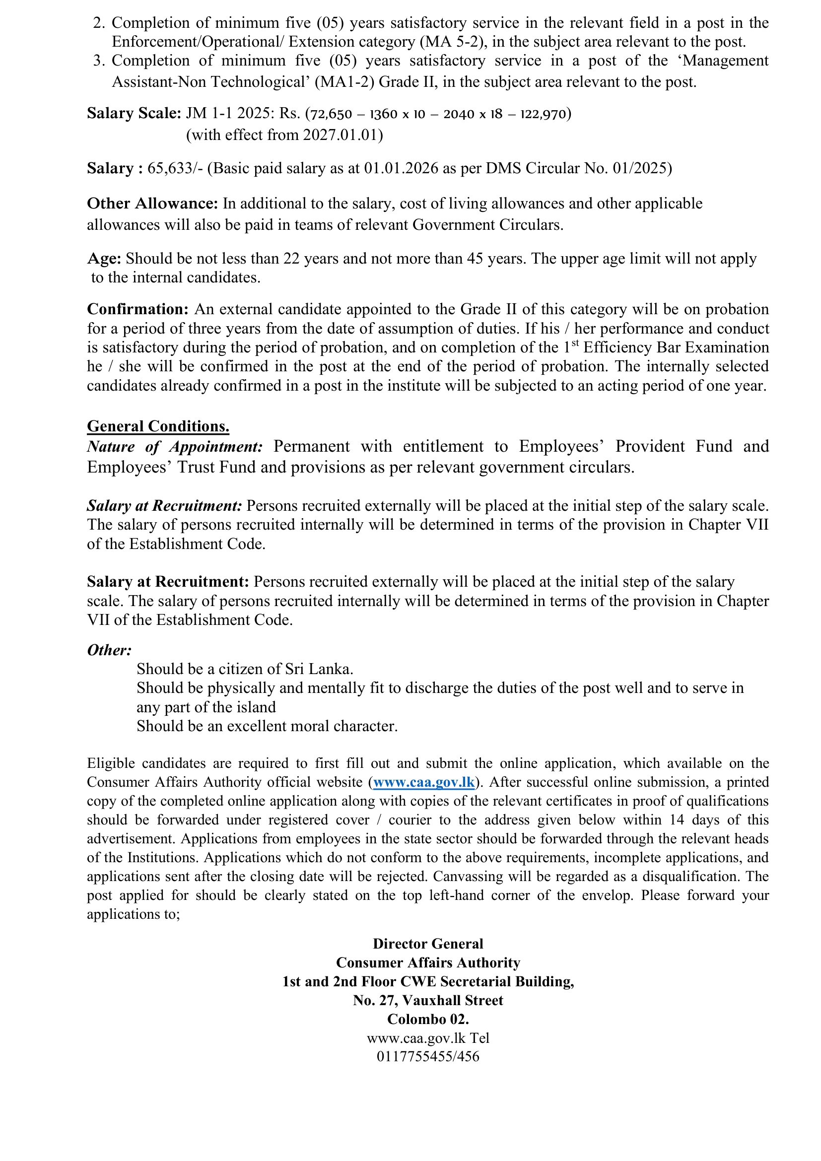 Director, Confidential Secretary, Assistant/Deputy Director, Media Officer - Consumer Affairs Authority