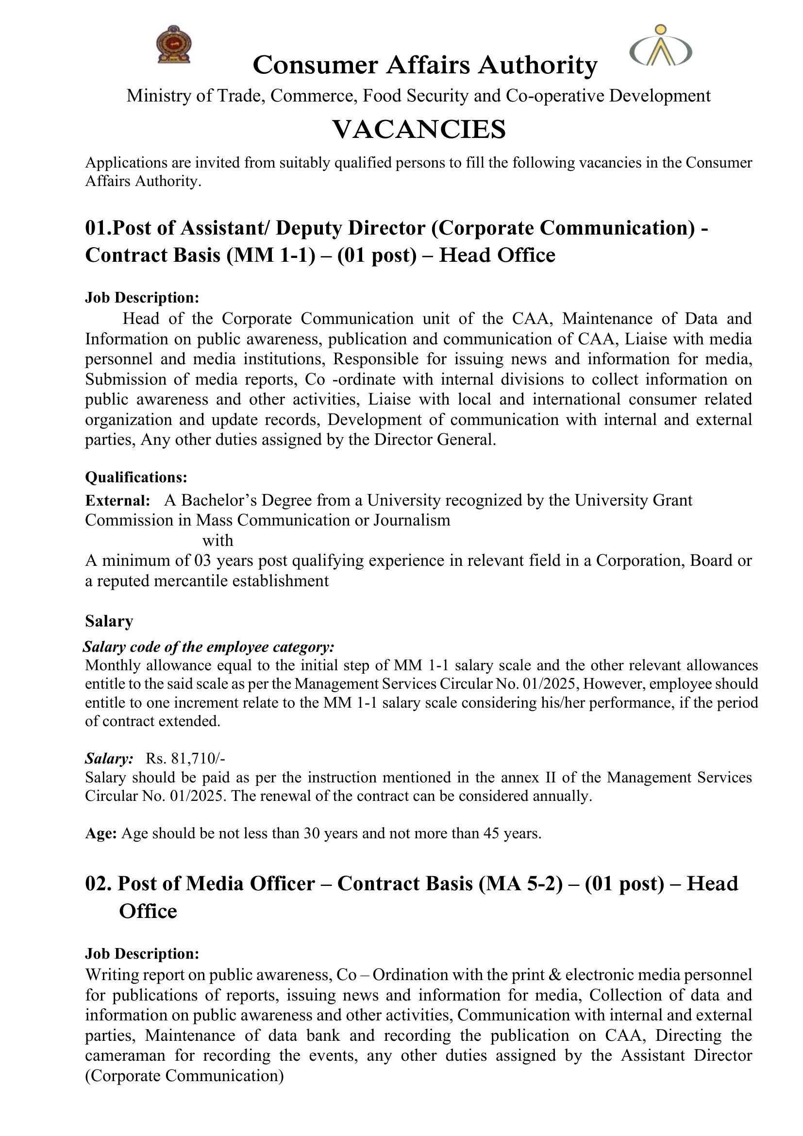 Director, Confidential Secretary, Assistant/Deputy Director, Media Officer - Consumer Affairs Authority