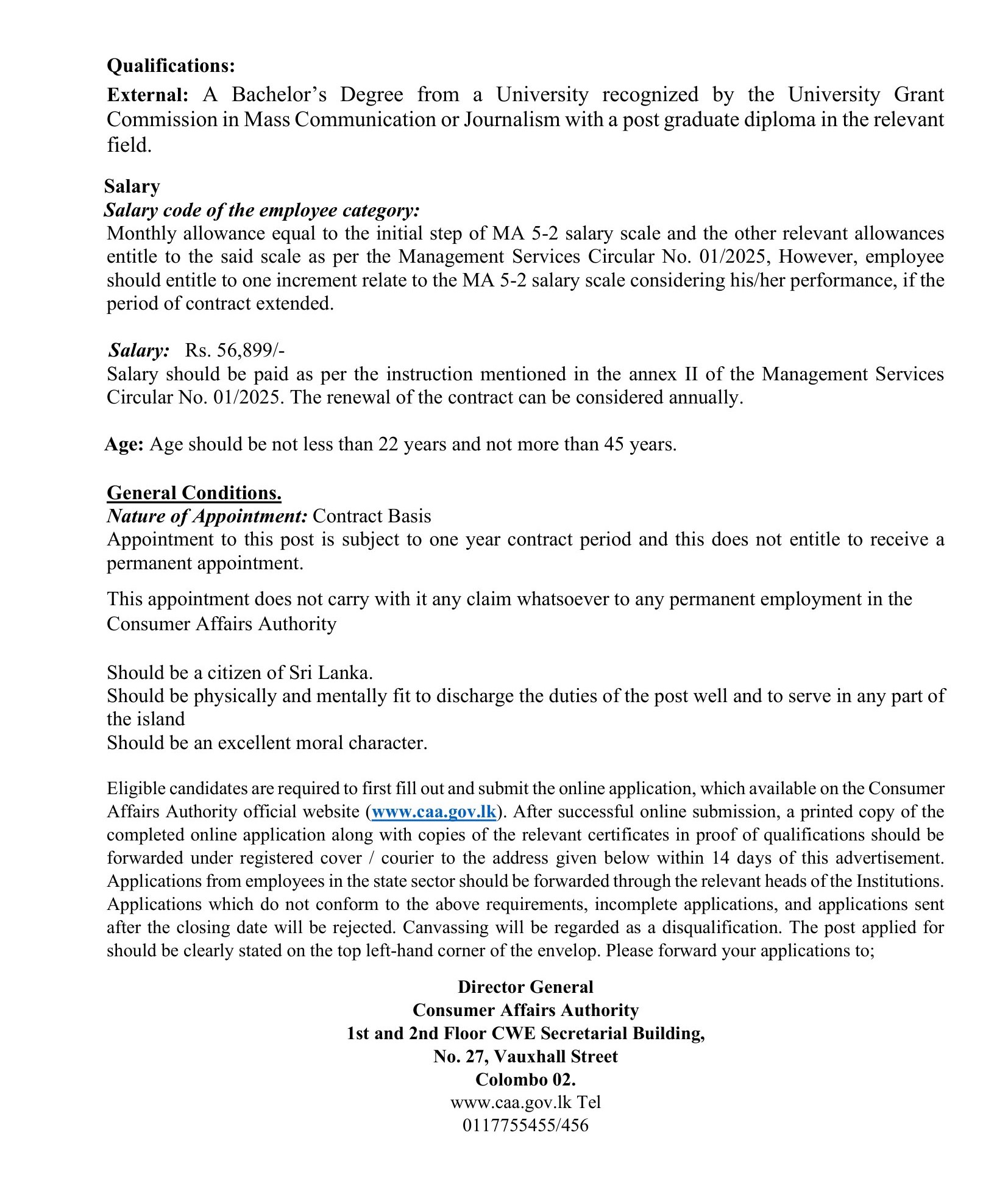 Director, Confidential Secretary, Assistant/Deputy Director, Media Officer - Consumer Affairs Authority