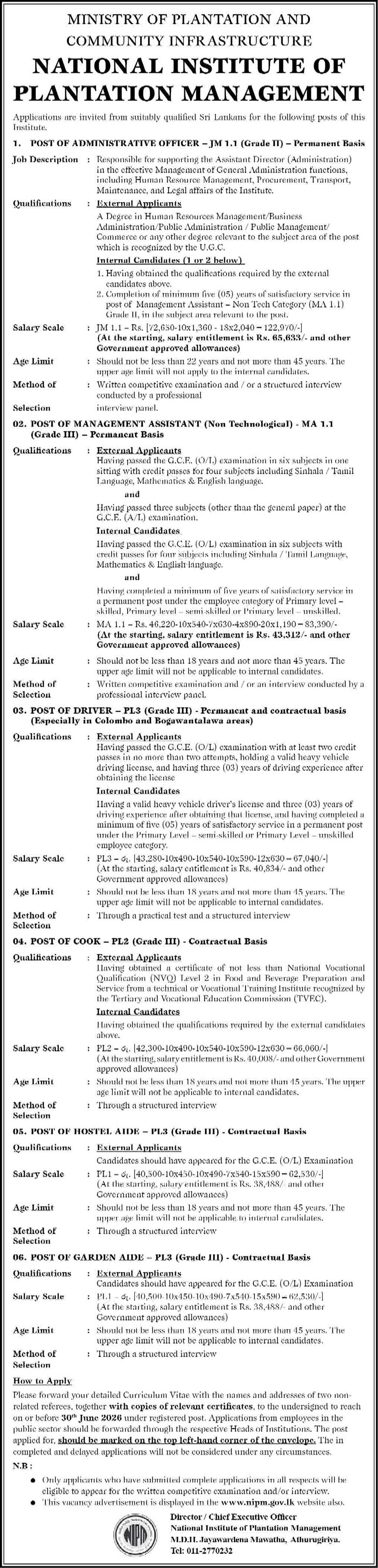Management Assistant, Administrative Officer, Driver, Cook, Hostel Aide, Garden Aide - National Institute of Plantation Management