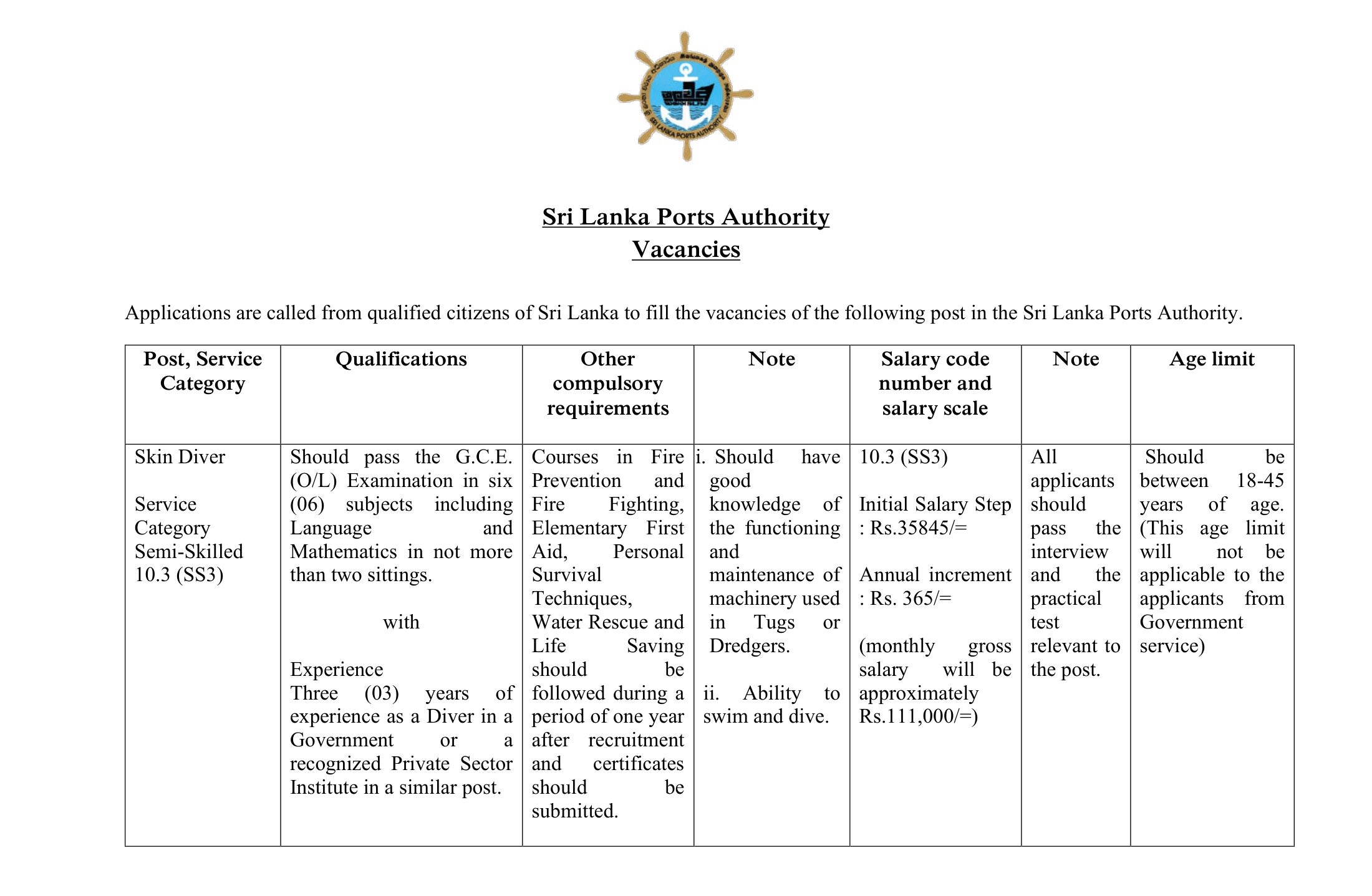Skin Diver, Driver (Water Barges), Digger Driver - Sri Lanka Ports Authority