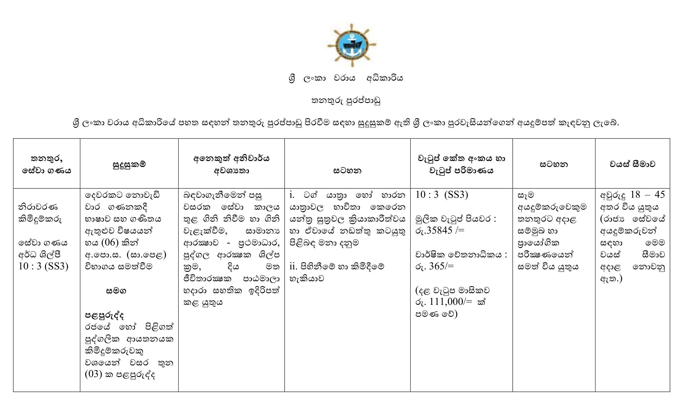 Skin Diver, Driver (Water Barges), Digger Driver - Sri Lanka Ports Authority