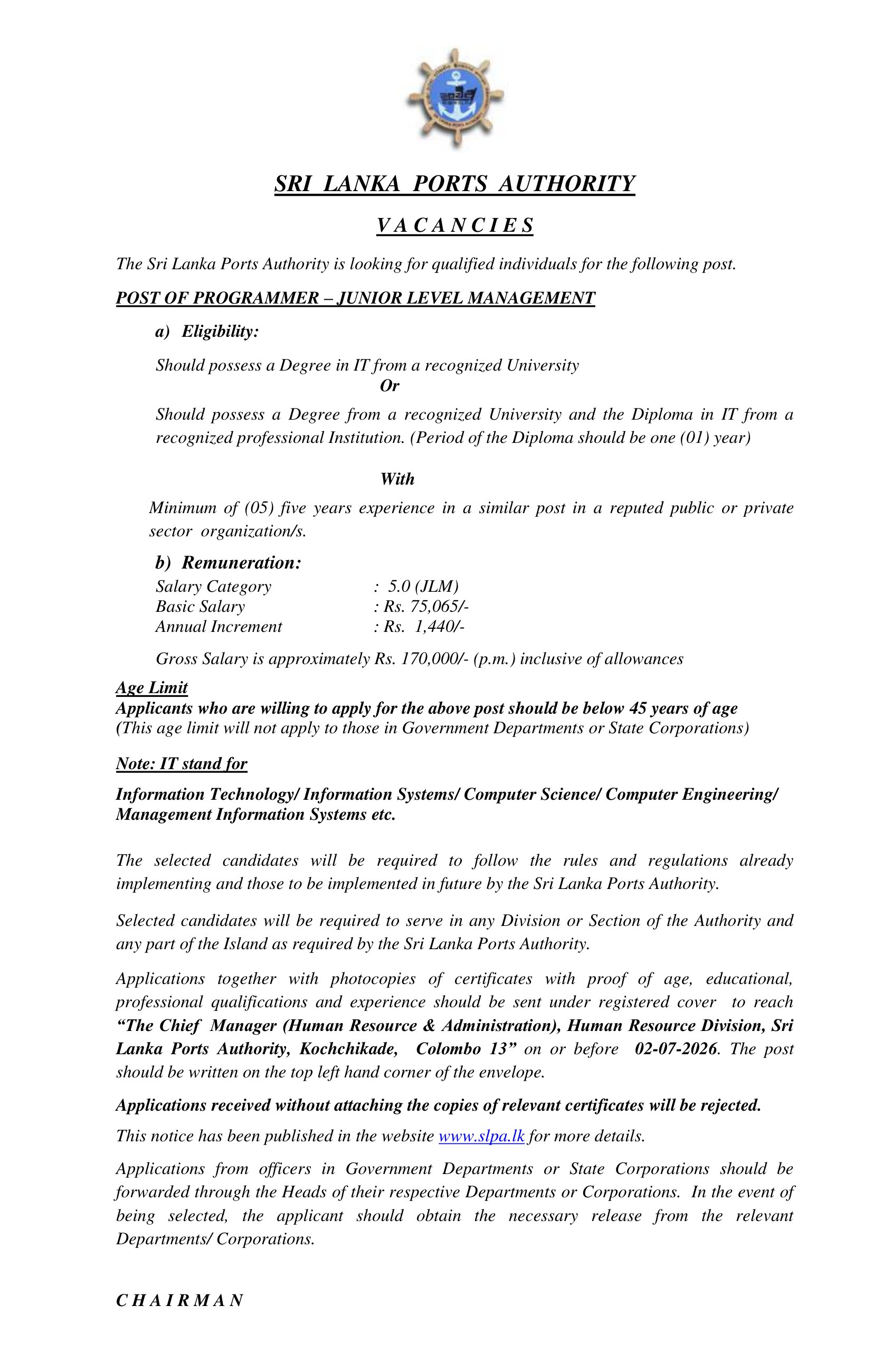 Programmer - Sri Lanka Ports Authority