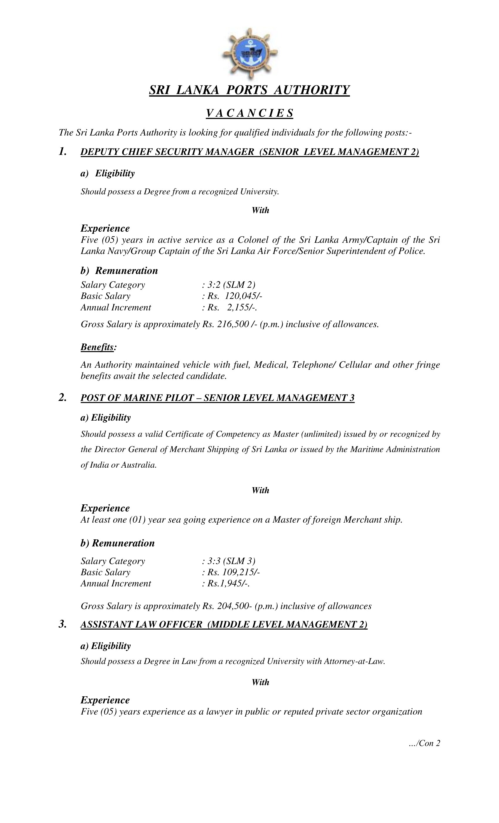 Deputy Chief Security Manager, Marine Pilot, Assistant Law Officer - Sri Lanka Ports Authority