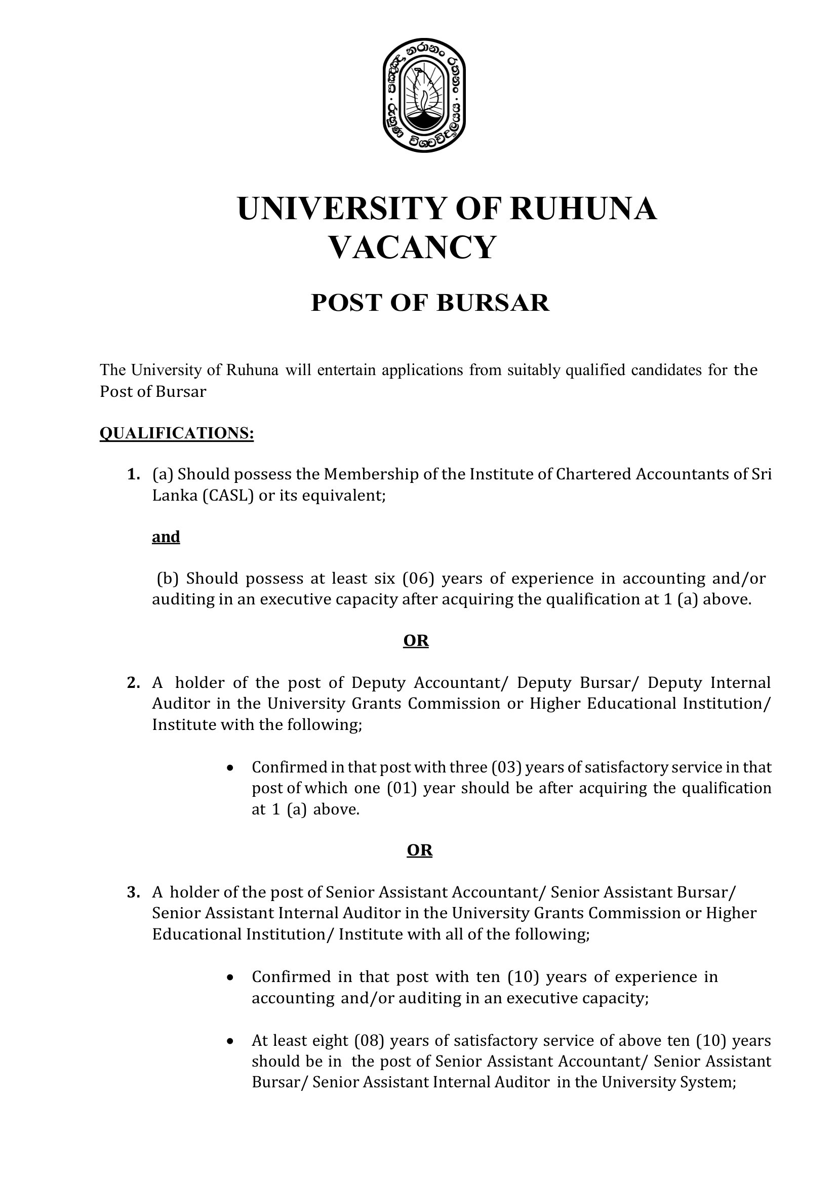Bursar - University of Ruhuna