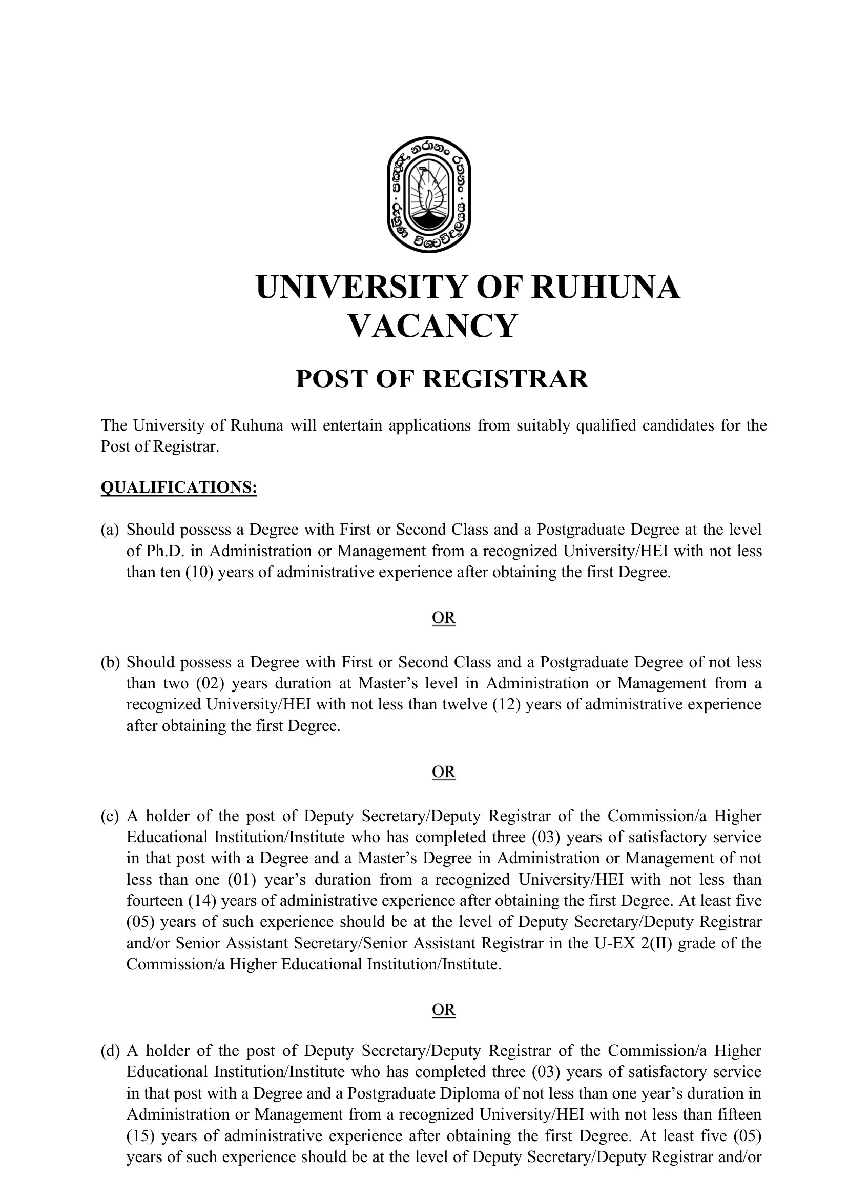 Registrar - University of Ruhuna