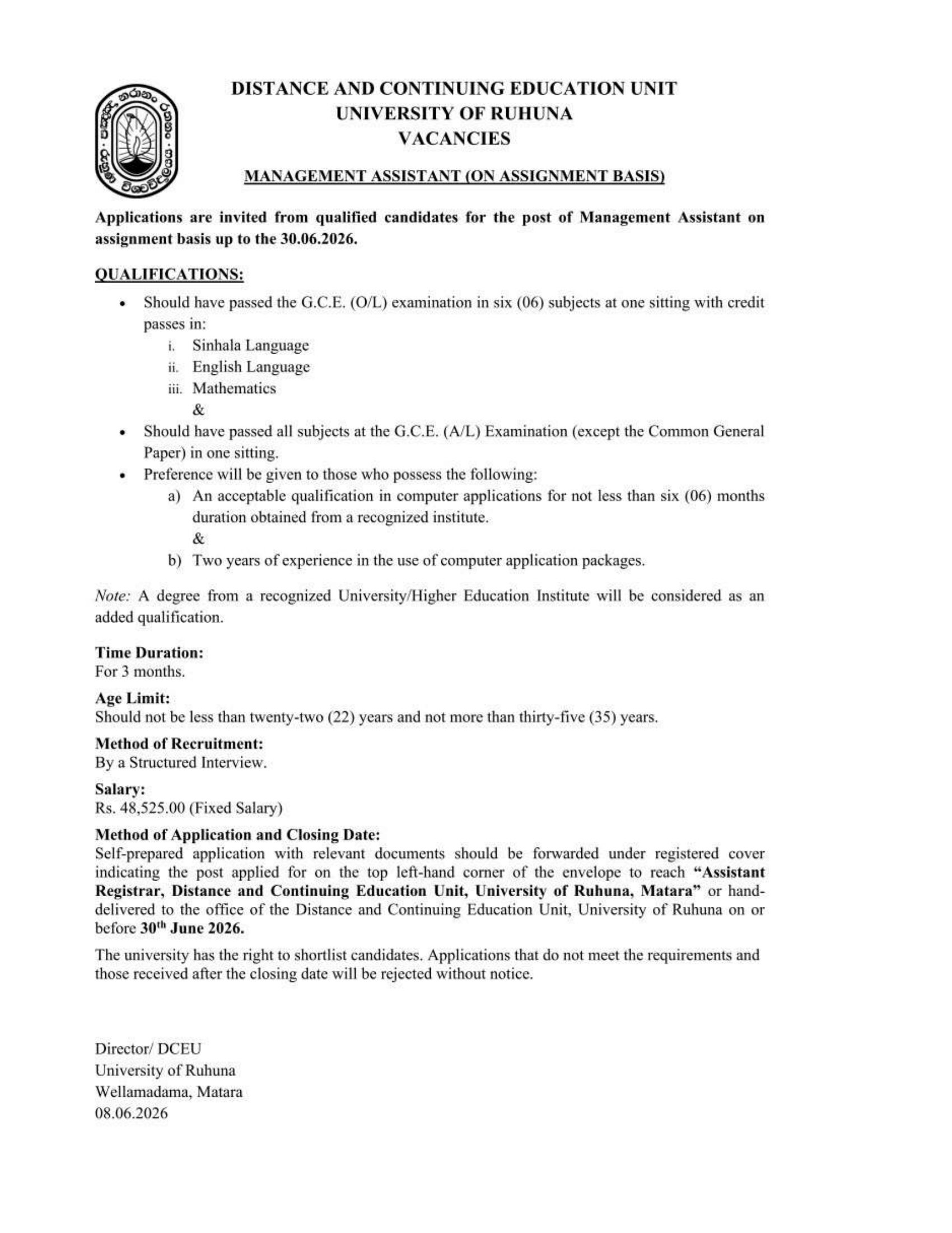 Management Assistant - University of Ruhuna