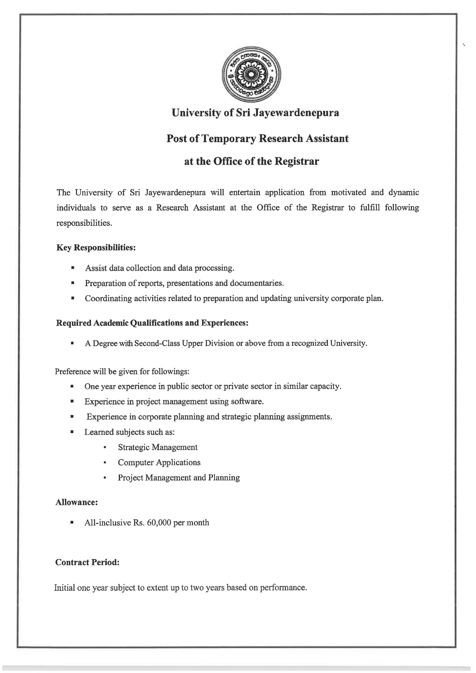 Temporary Research Assistant - University of Sri Jayewardenepura