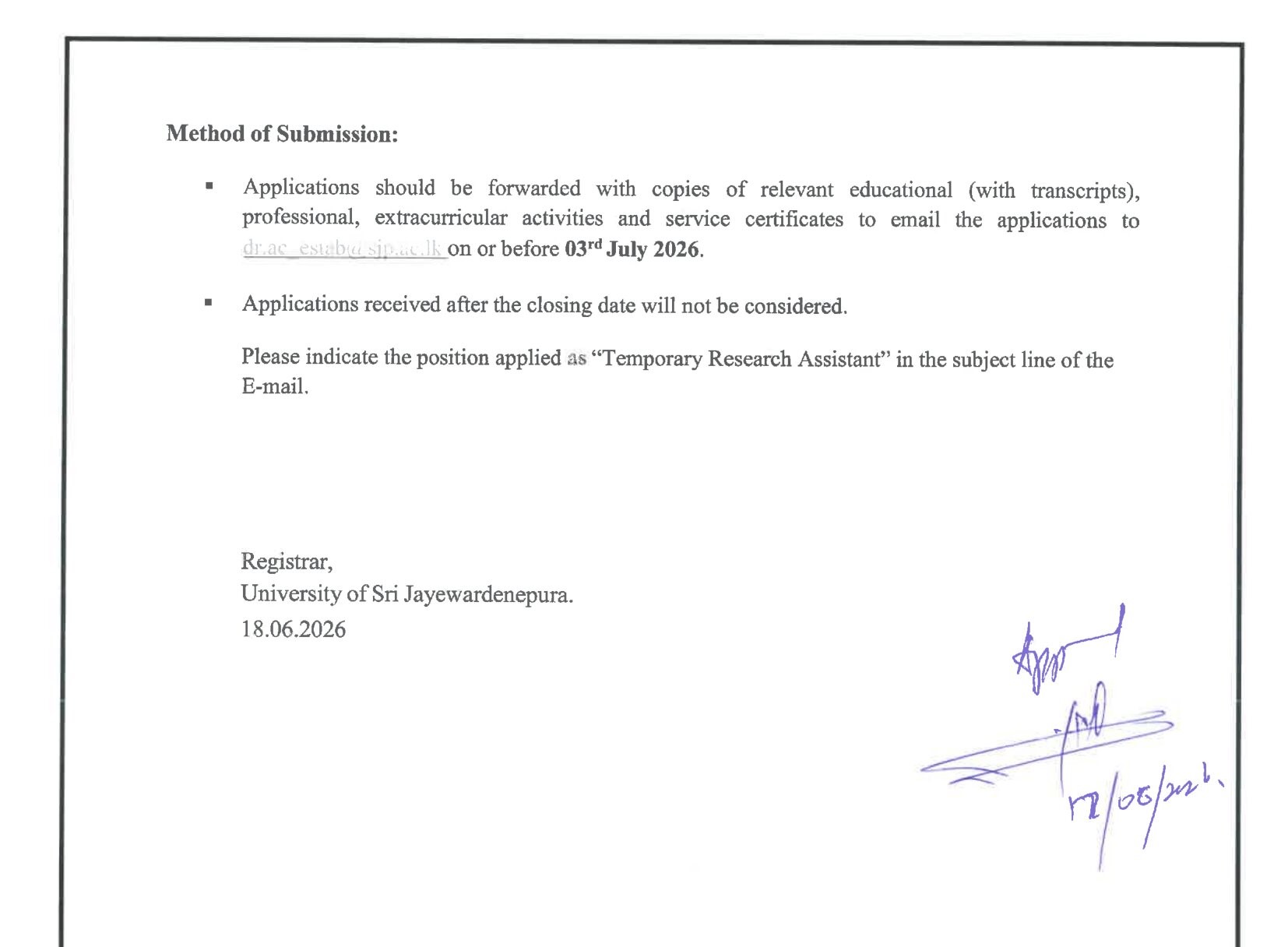 Temporary Research Assistant - University of Sri Jayewardenepura