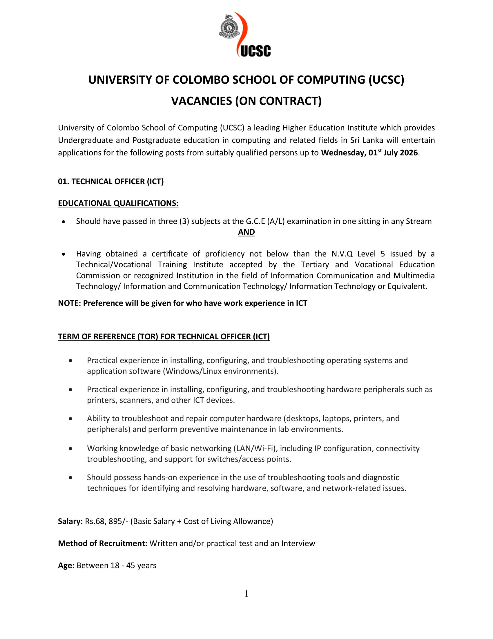 Technical Officer (ICT), Electrician - University of Colombo School of Computing