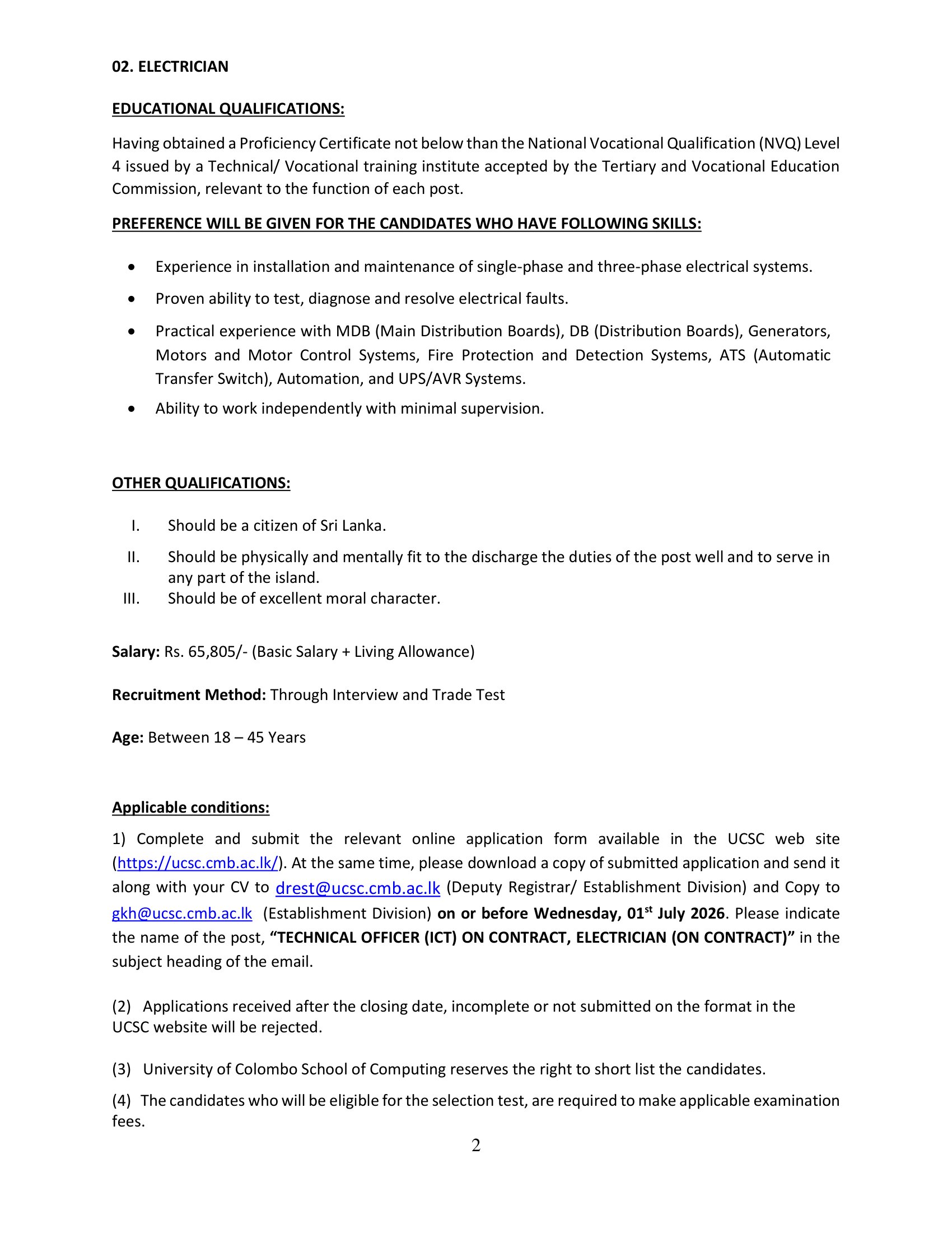 Technical Officer (ICT), Electrician - University of Colombo School of Computing