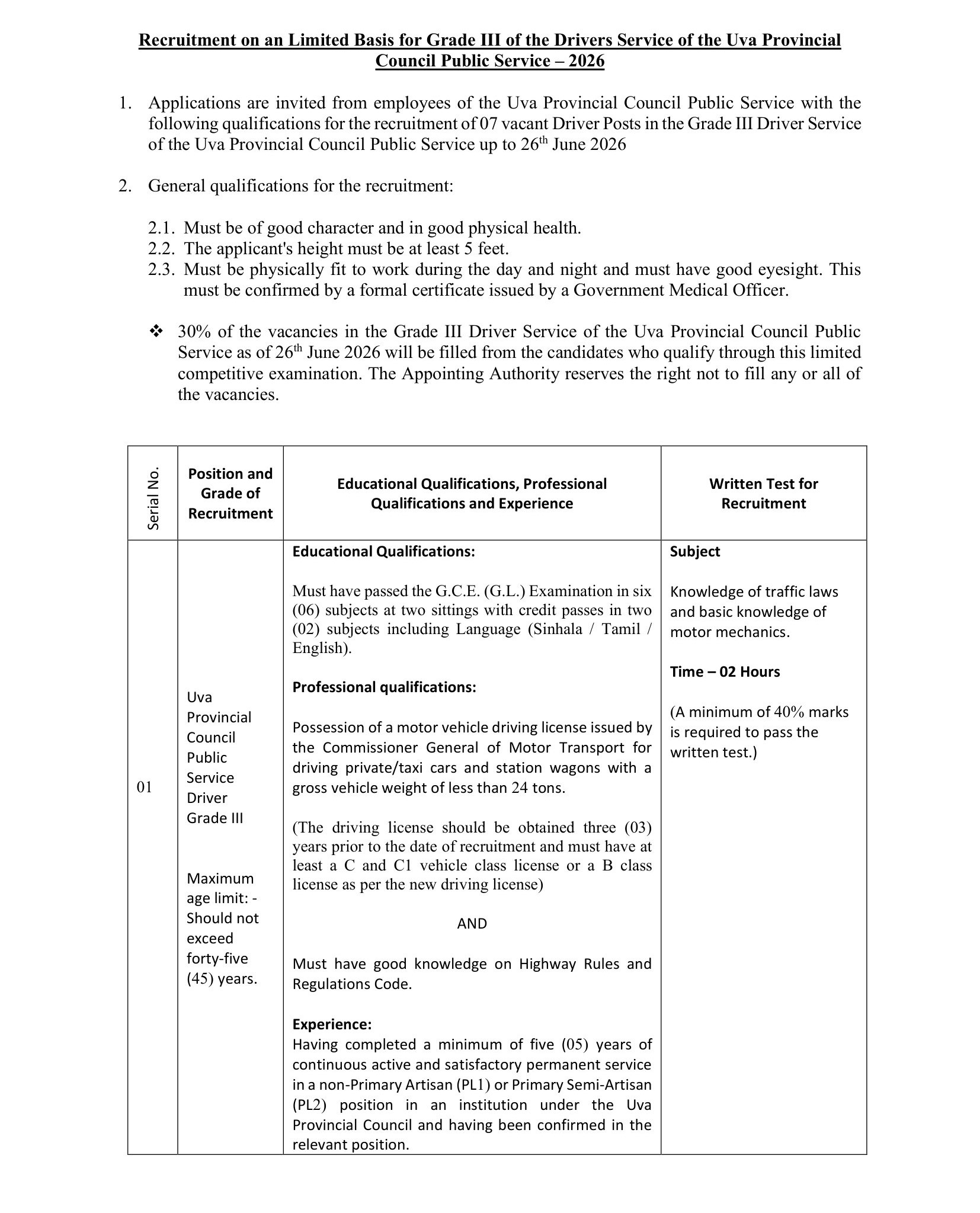Driver (Limited) - Uva Provincial Council Public Service Commission