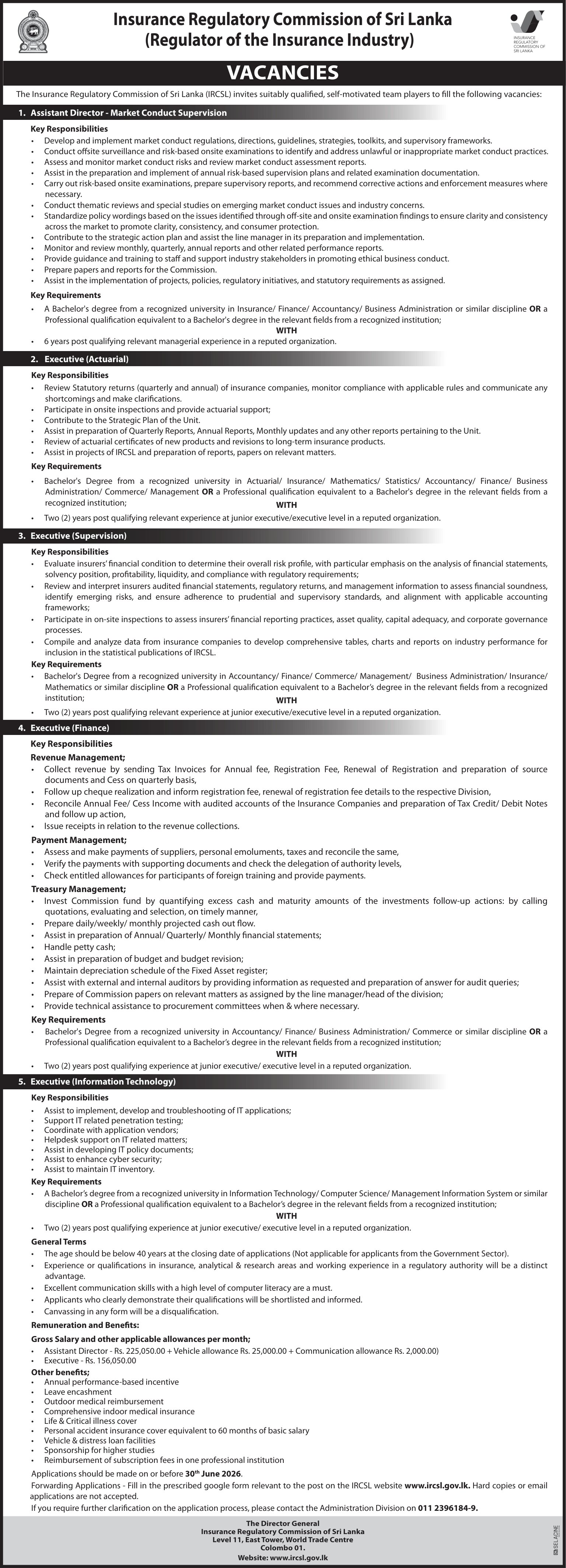 Assistant Director (Market Conduct Supervision), Executive (Actuarial, Supervision, Finance, Information Technology) - Insurance Regulatory Commission of Sri Lanka