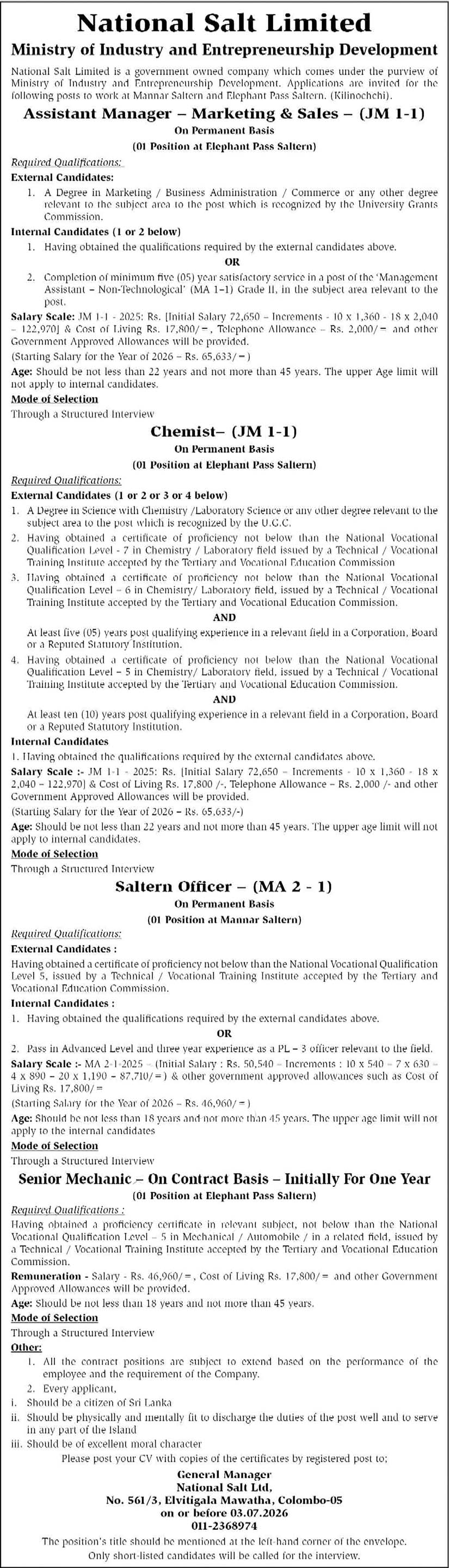Assistant Manager (Marketing & Sales), Chemist, Saltern Officer, Senior Mechanic - National Salt Ltd
