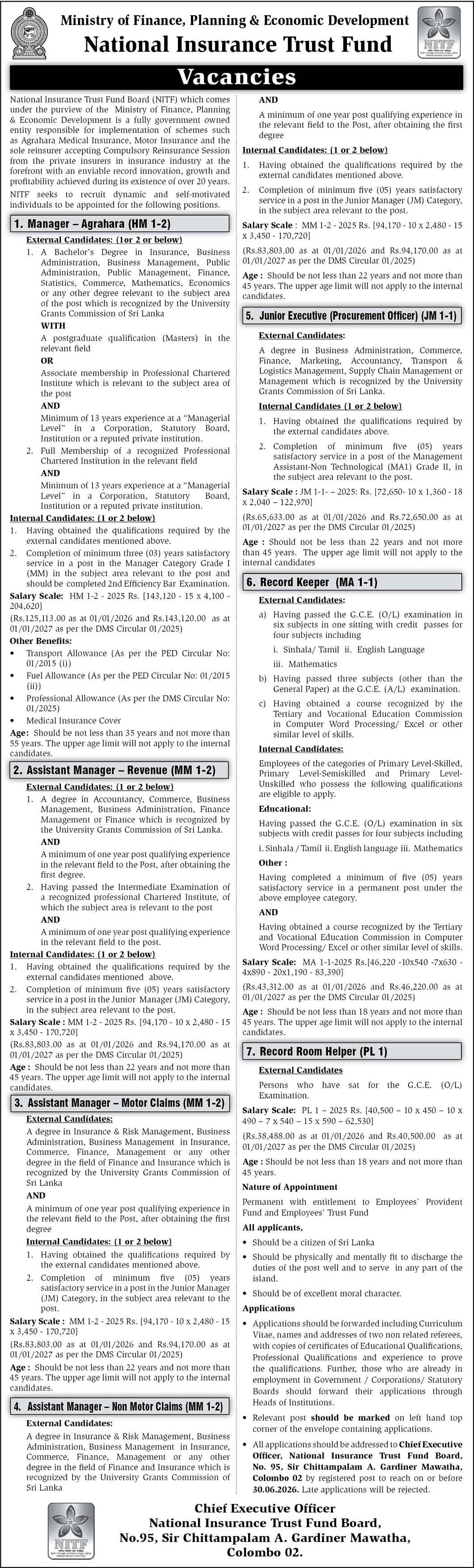 Manager, Assistant Manager, Junior Executive, Record Keeper, Record Room Helper - National Insurance Trust Fund Board