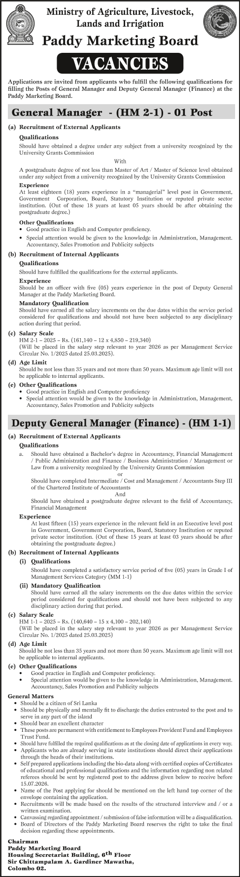 General Manager, Deputy General Manager - Paddy Marketing Board