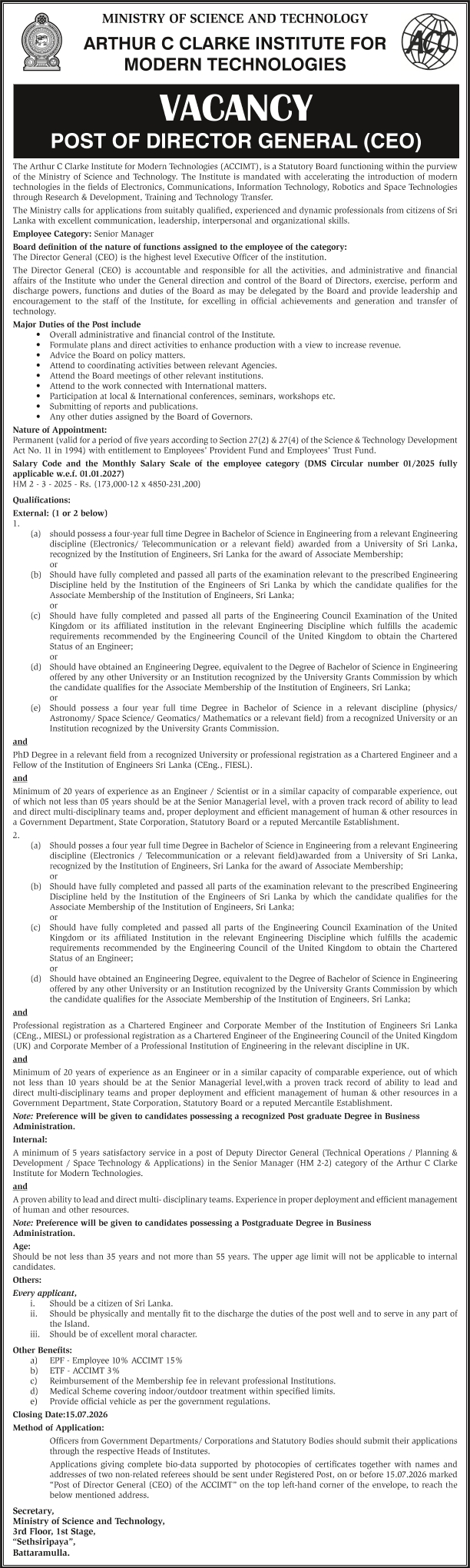 Director General (CEO) - Arthur C Clarke Institute for Modern Technologies