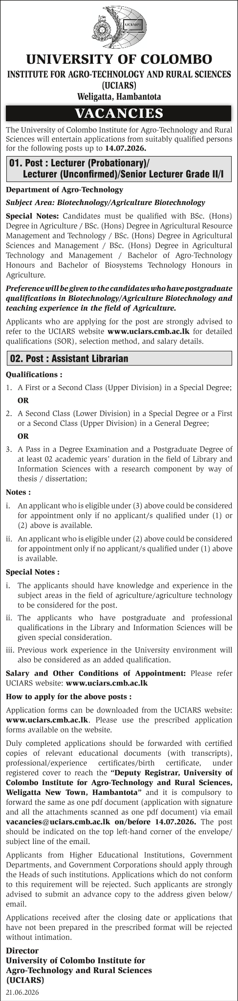Assistant Librarian, Lecturer, Senior Lecturer - University of Colombo