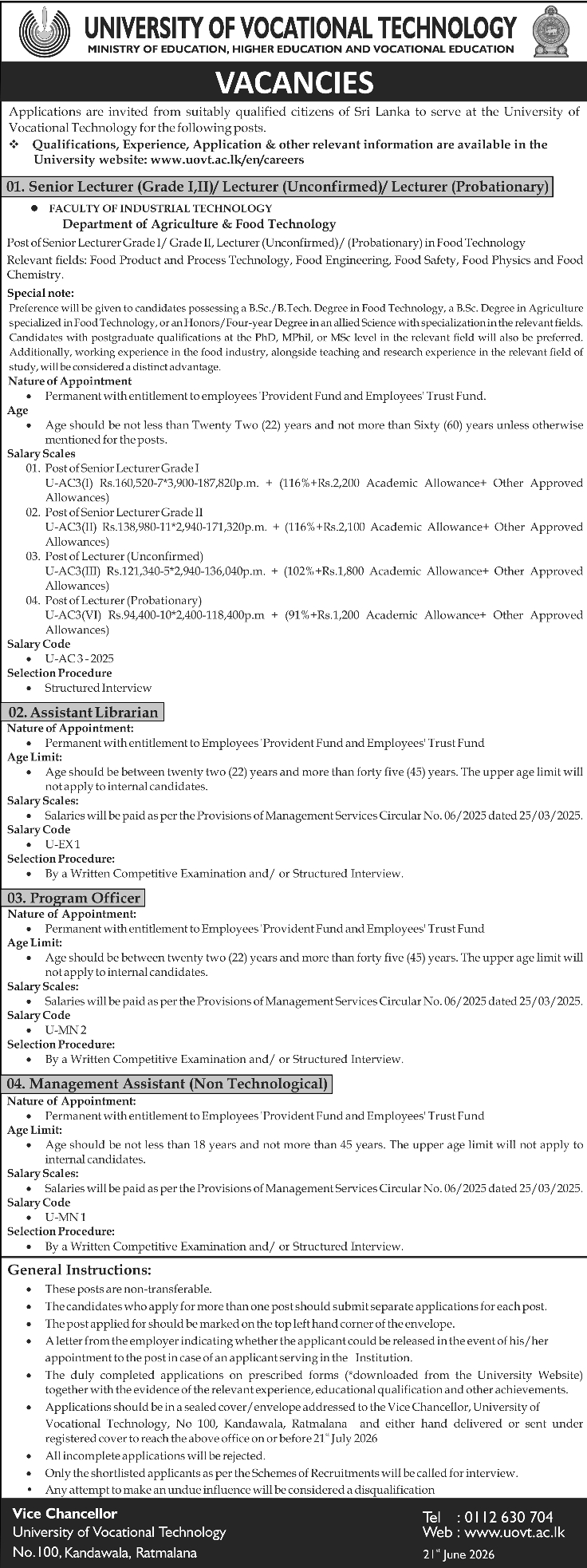 Management Assistant, Program Officer, Assistant Librarian, Lecturer, Senior Lecturer - University of Vocational Technology