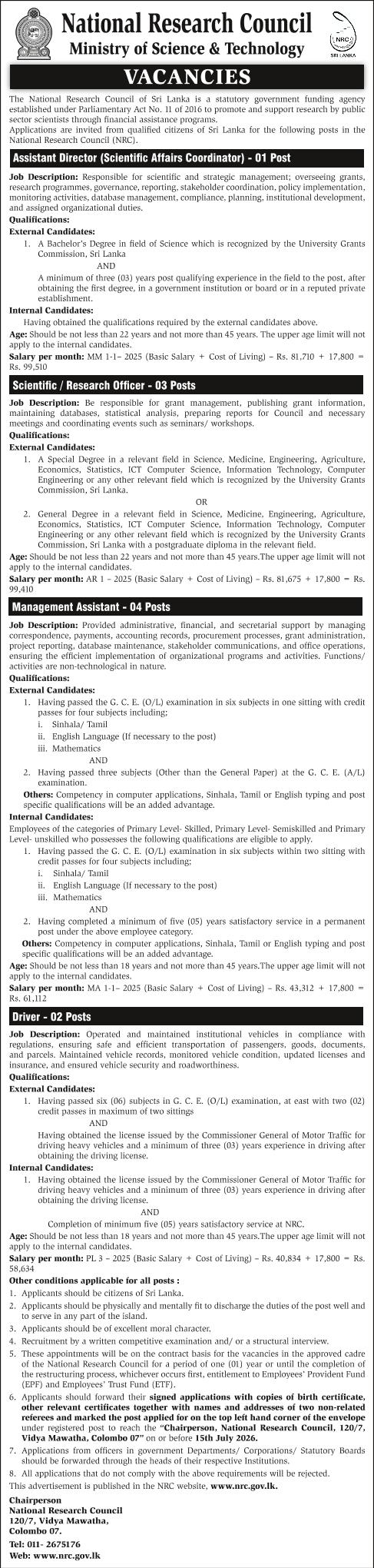 Management Assistant, Assistant Director, Scientific/Research Officer, Driver - National Research Council
